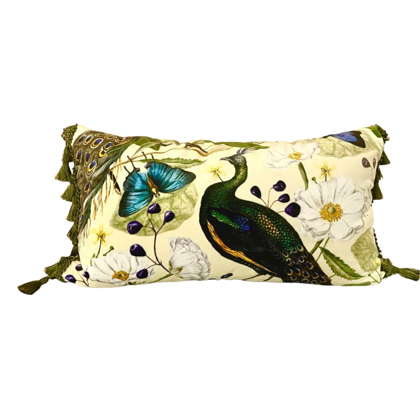 peacock floral print on beige pillow with tassels