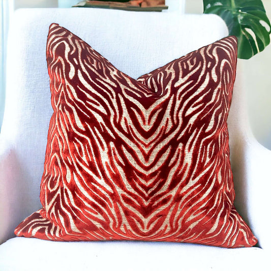 Tiger Pattern Cut Velvet Pillow Cover | Cranberry Red