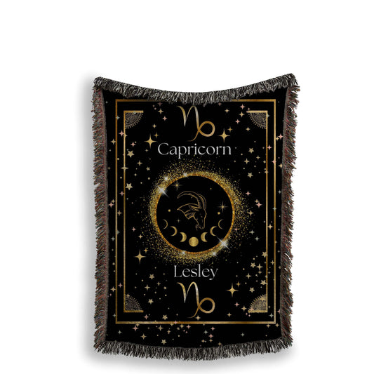 Gold and black Capricorn zodiac blanket, made of woven fabric