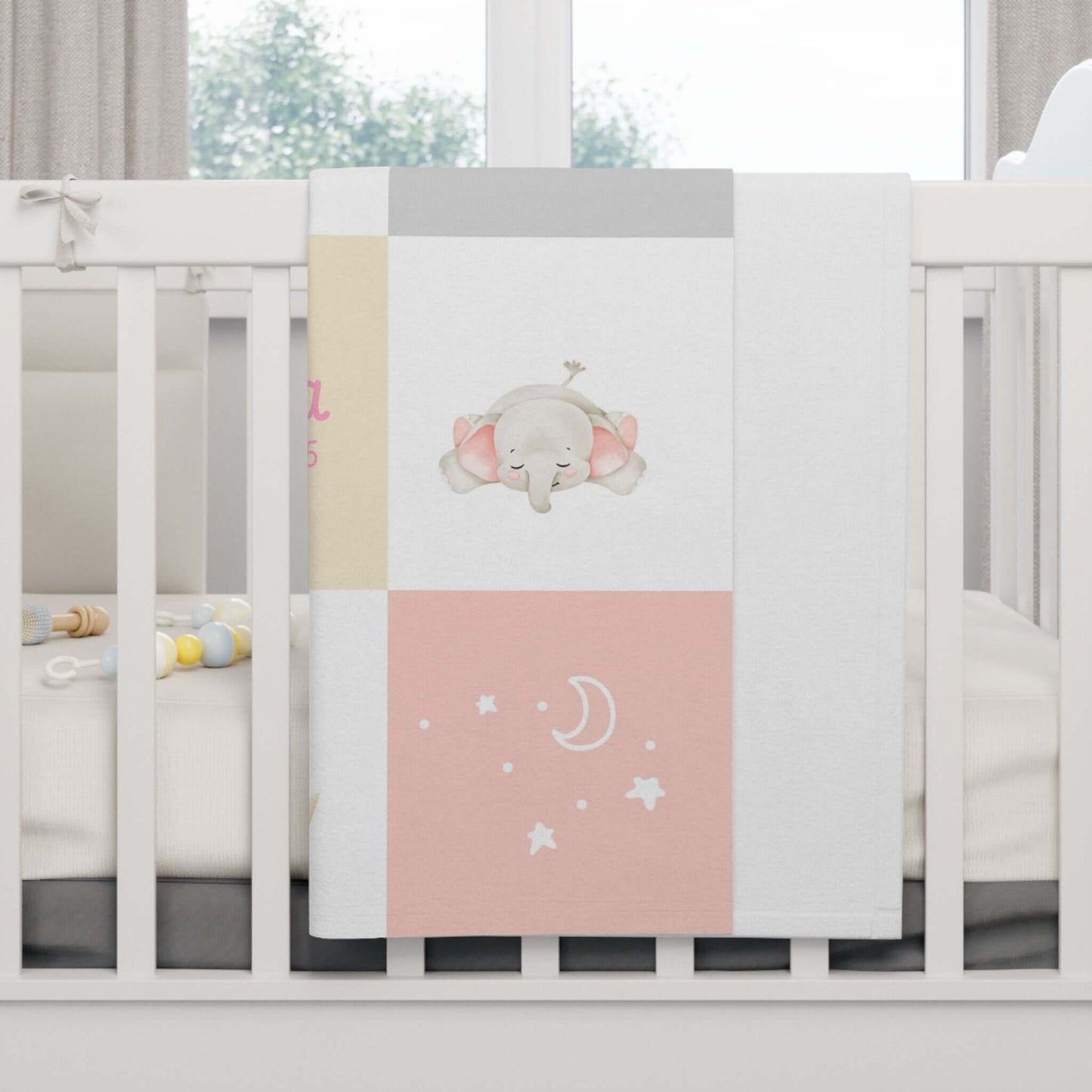Personalized Patchwork Design Baby Girl Blanket featuring cute elephant and star prints, perfect for a nursery.