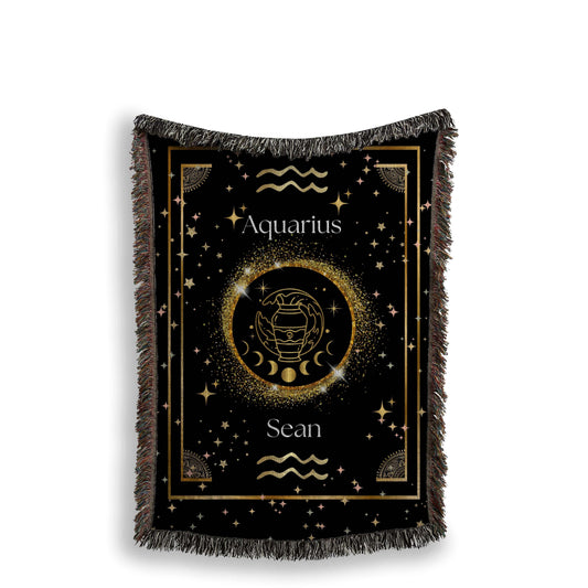 Hanging Zodiac Sign Woven Blanket Aquarius against a white background