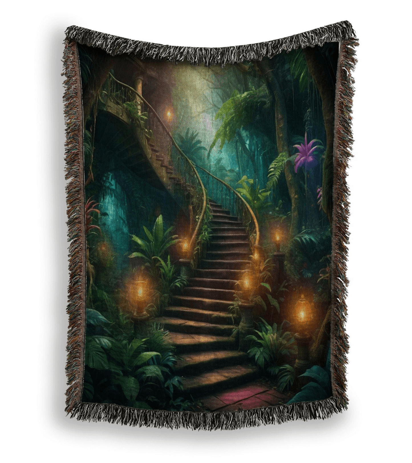 Enchanted Stairway Fantasy Woven Blanket showcasing a mystical stairway with lanterns in a vibrant jungle setting.