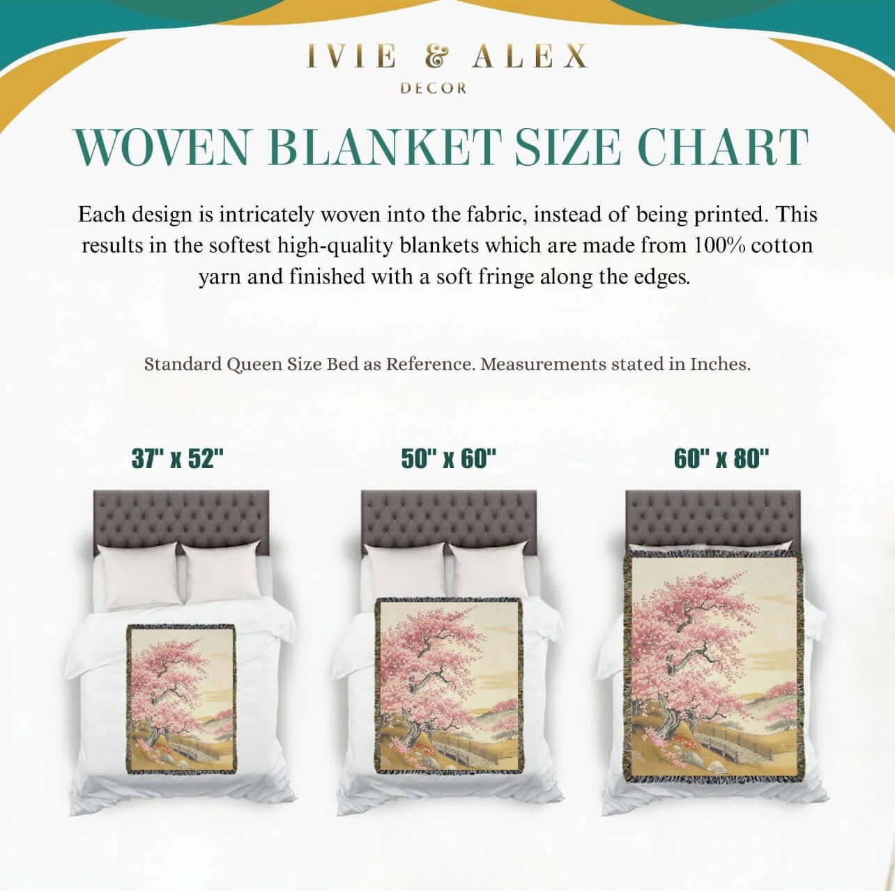 IVIE & ALEX Decor woven blanket size chart for the Cherry Blossom Tree Woven Blanket Tapestry, which displays three sizes: 37"x52", 50"x60", and 60"x80."