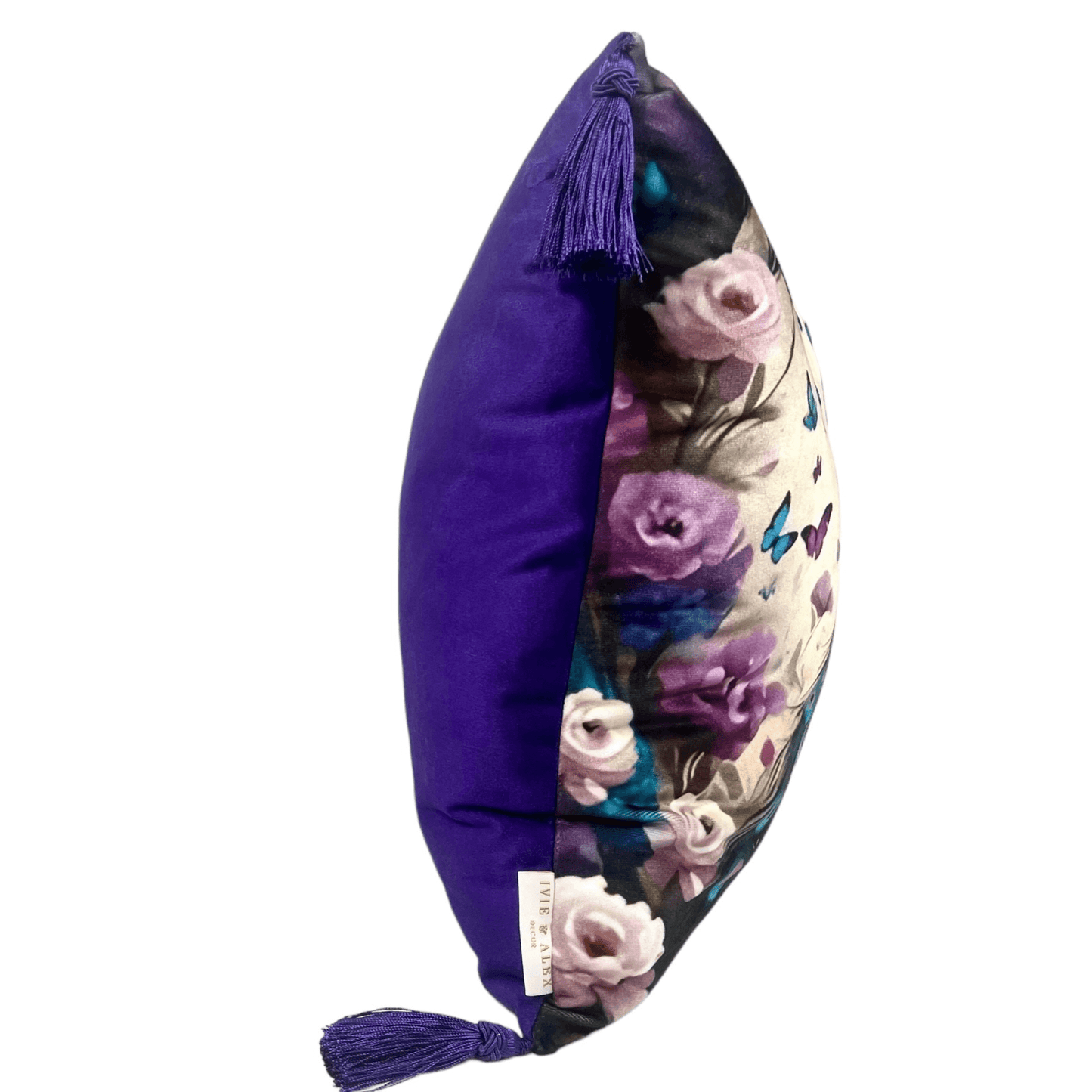 Side view of the Peacock Velvet Pillow Cover with Purple Tassels, displaying the purple velvet back