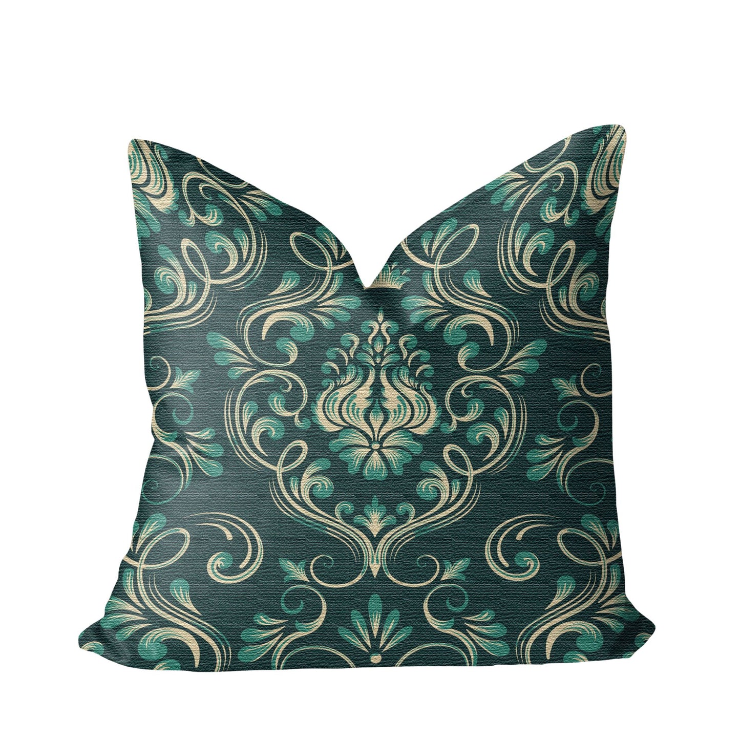 Dark Green Floral Damask Woven Pillow against a white background