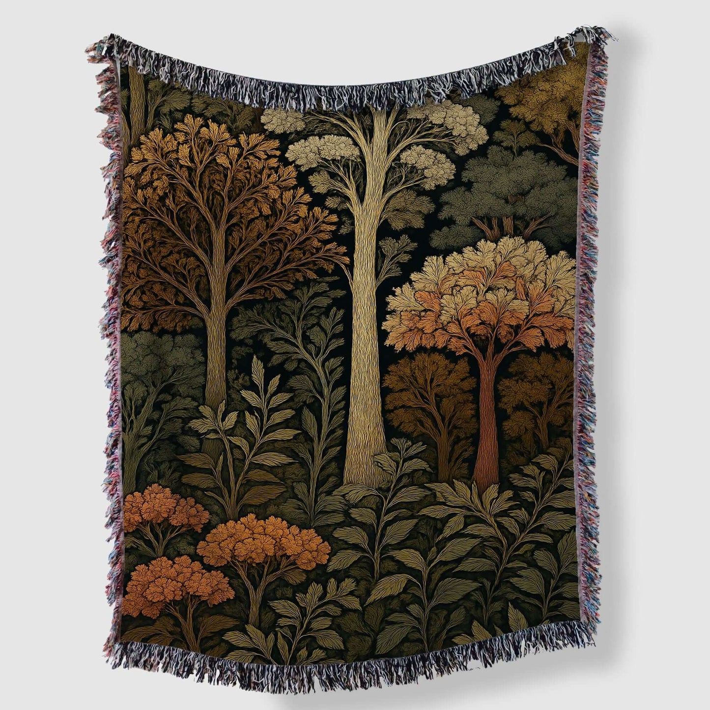 Autumn Forest Woven Blanket with Fringes featuring fall trees and foliage design.