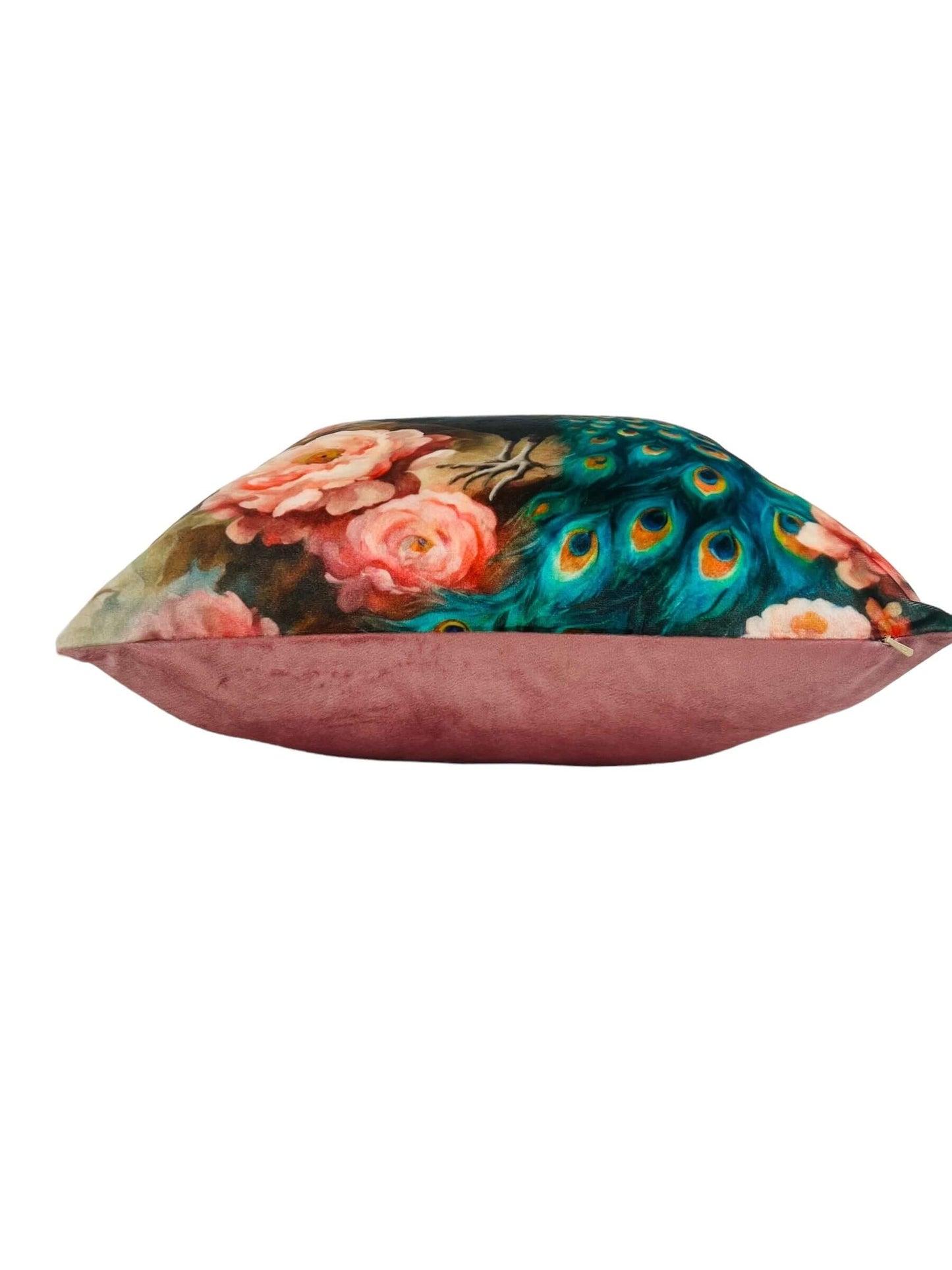 Side view of the Pink Peacock Velvet Pillow Cover showing the pink velvet back