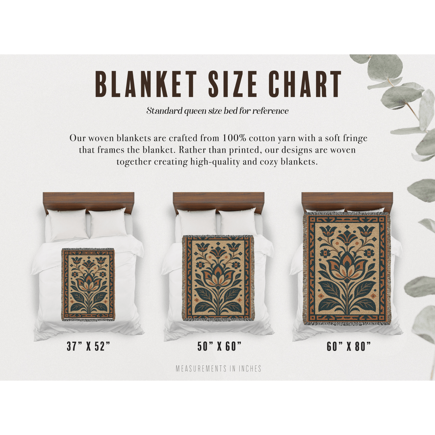 Folk Art Inspired Floral Blanket Tapestry size chart with sizes 37"x52", 50"x60", 60"x80"