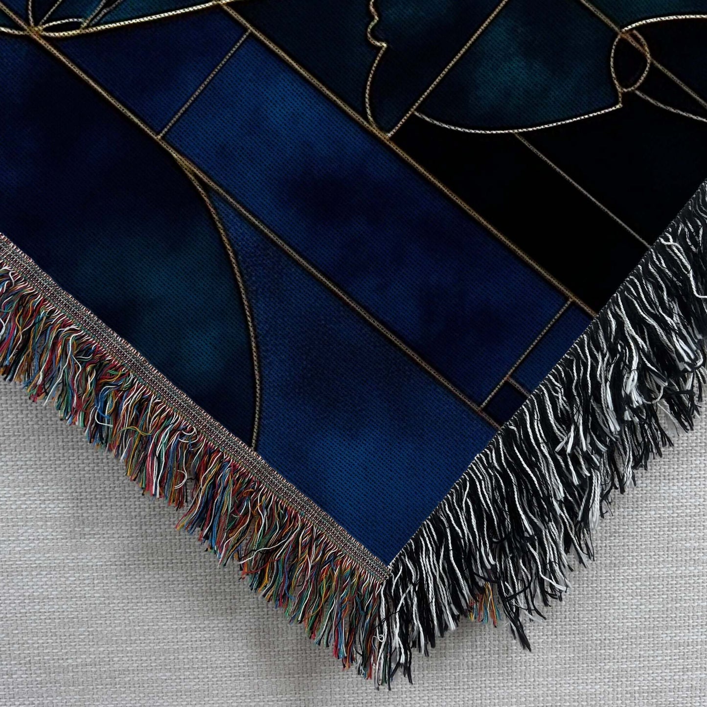 Corner view of Blue and Teal Abstract Art Woven Blanket Tapestry