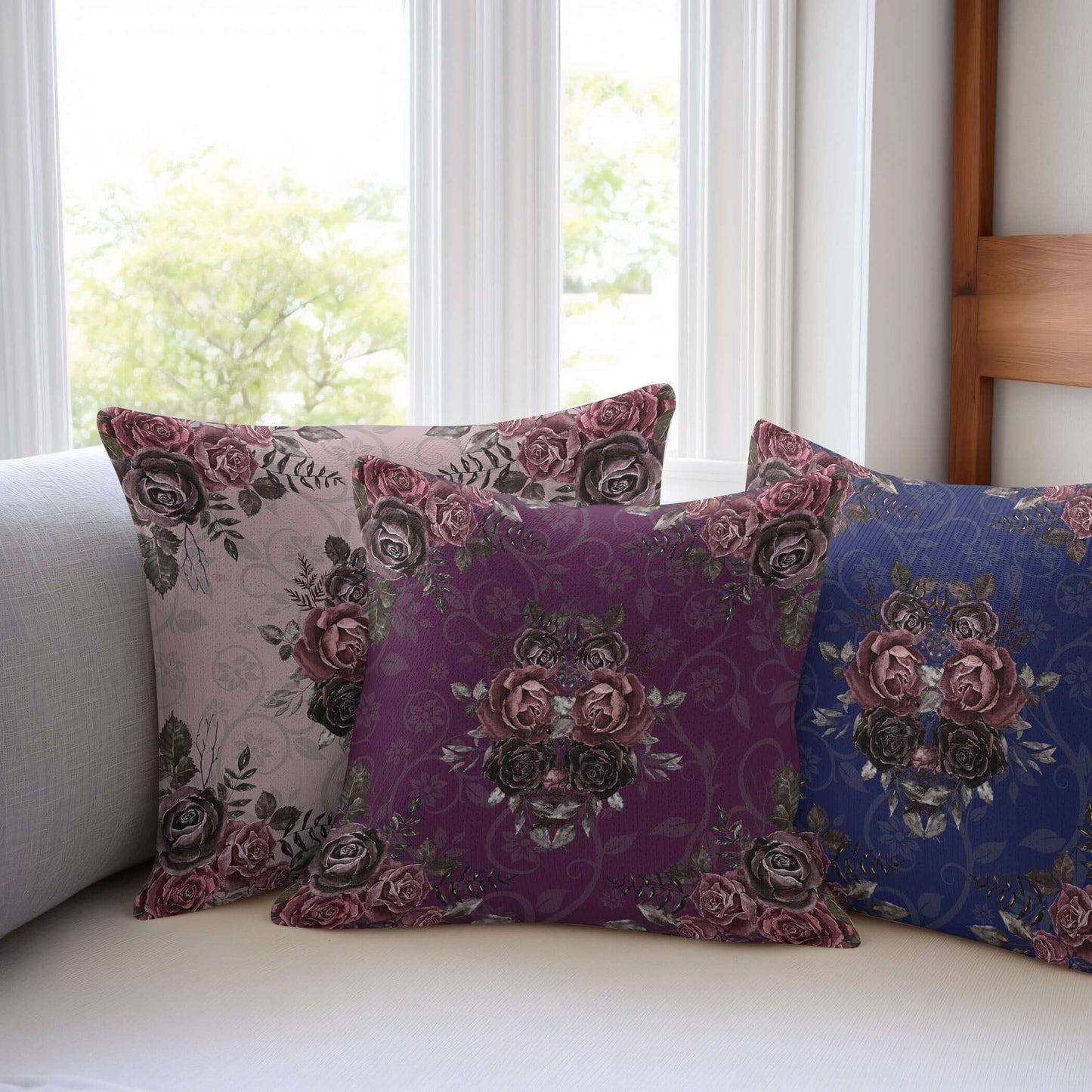 Elegant Floral Damask Pillow in Mauve Pink showcased on a sofa with additional colorful pillows.