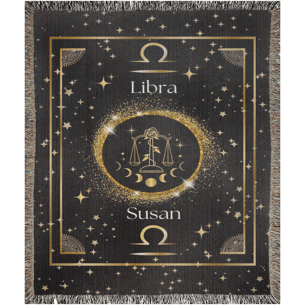 Gold and black Libra zodiac blanket, made of woven fabric.