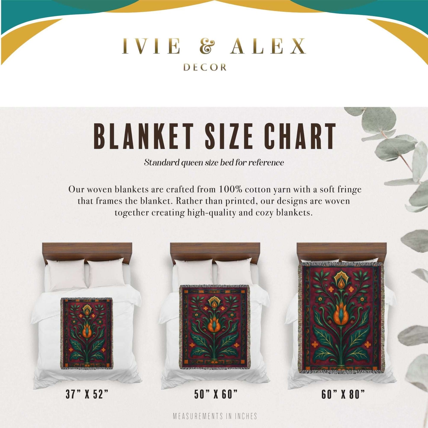 Size chart for Plum and Teal Floral Art Deco Inspired Woven Blanket Tapestry.