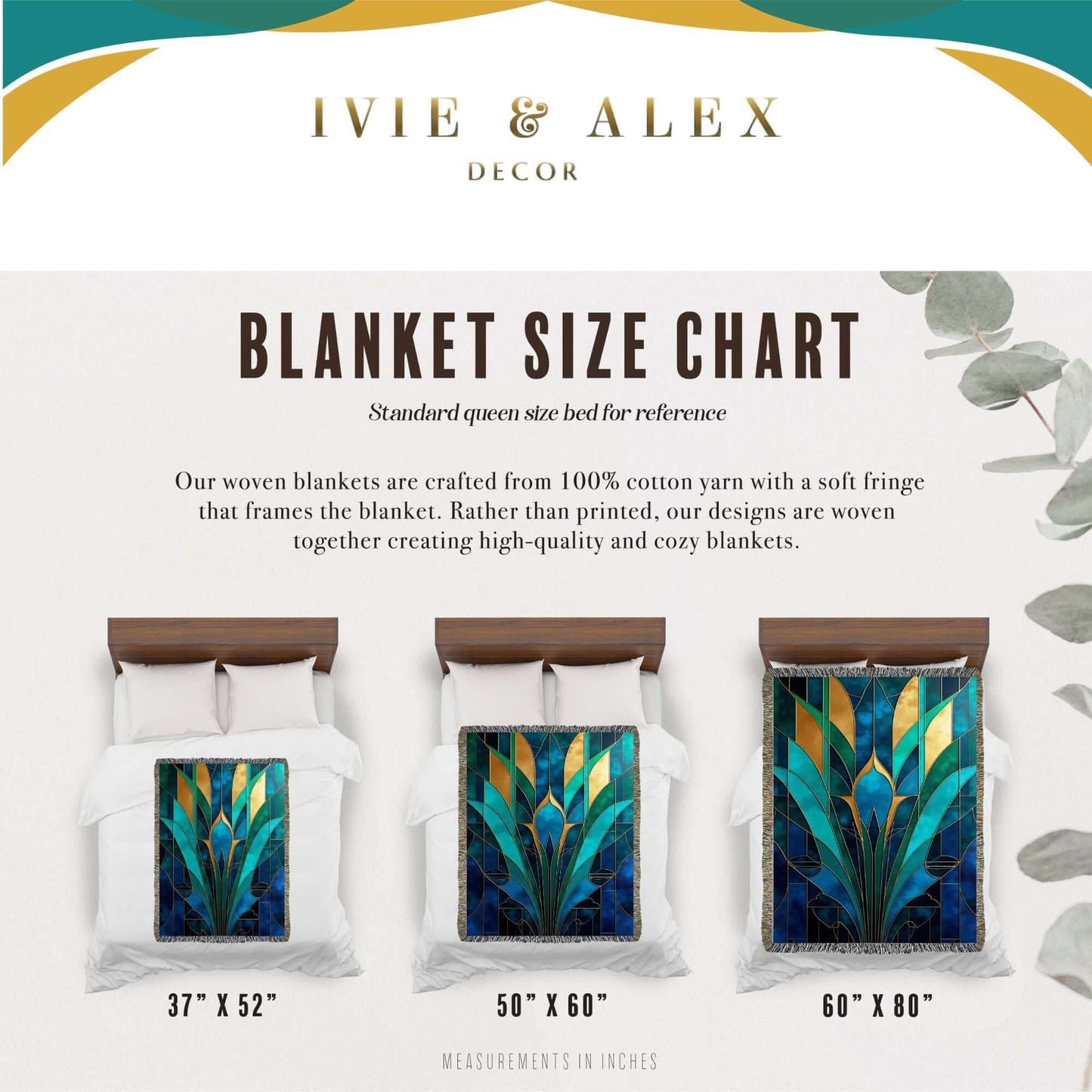 Size chart for Blue and Teal Abstract Art Woven Blanket Tapestry