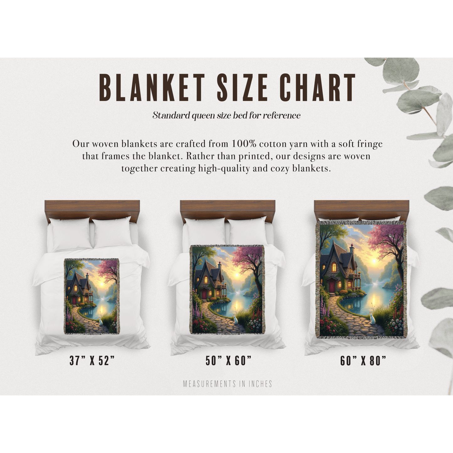 Blanket size chart for Secret Cottage Fantasy Woven Blanket in various measurements on a cozy bed setting.