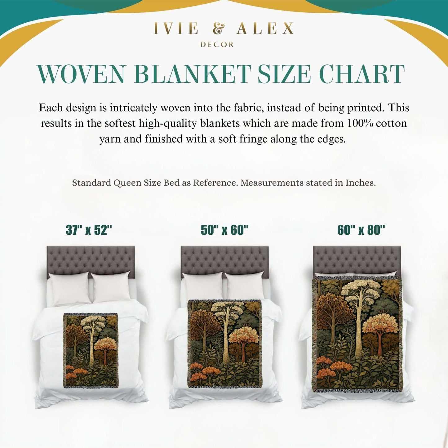 Woven Blanket Size Chart showing dimensions for Autumn Forest Woven Blanket with Fringes in three sizes.