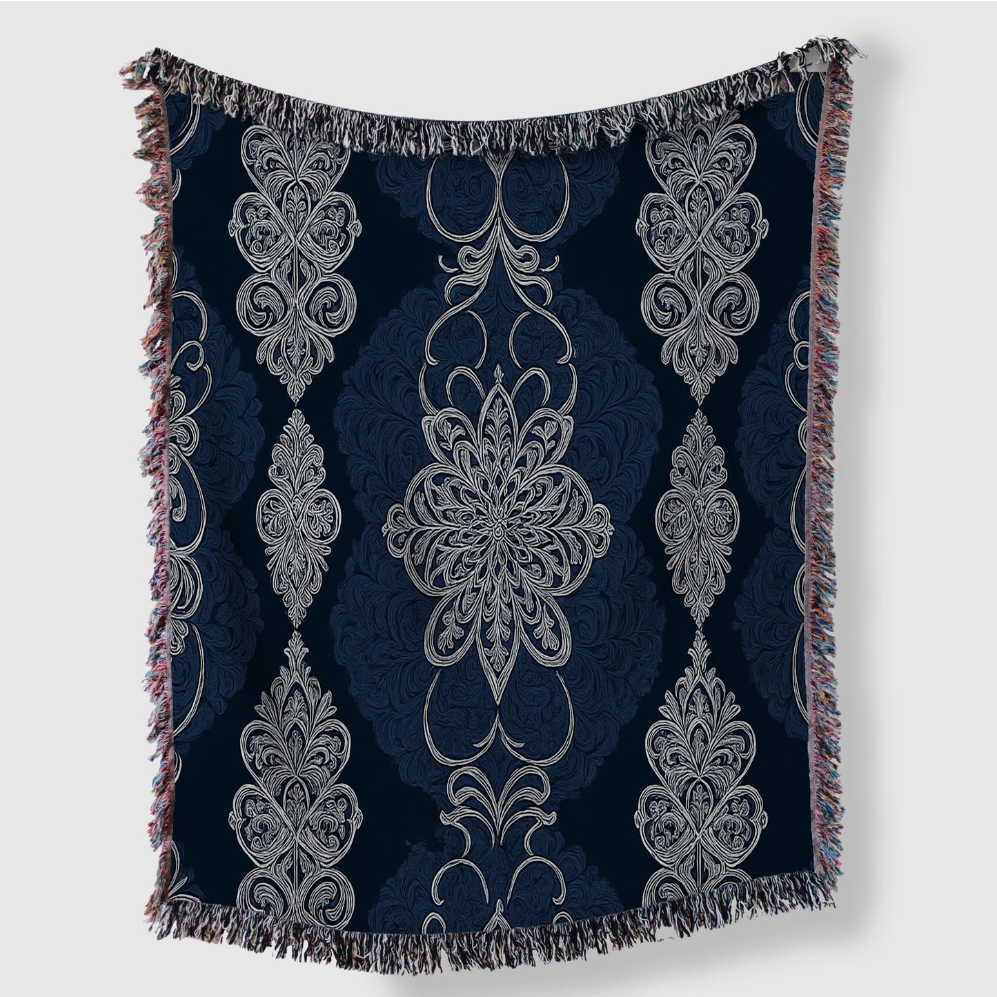 Navy White Damask Woven Blanket Tapestry