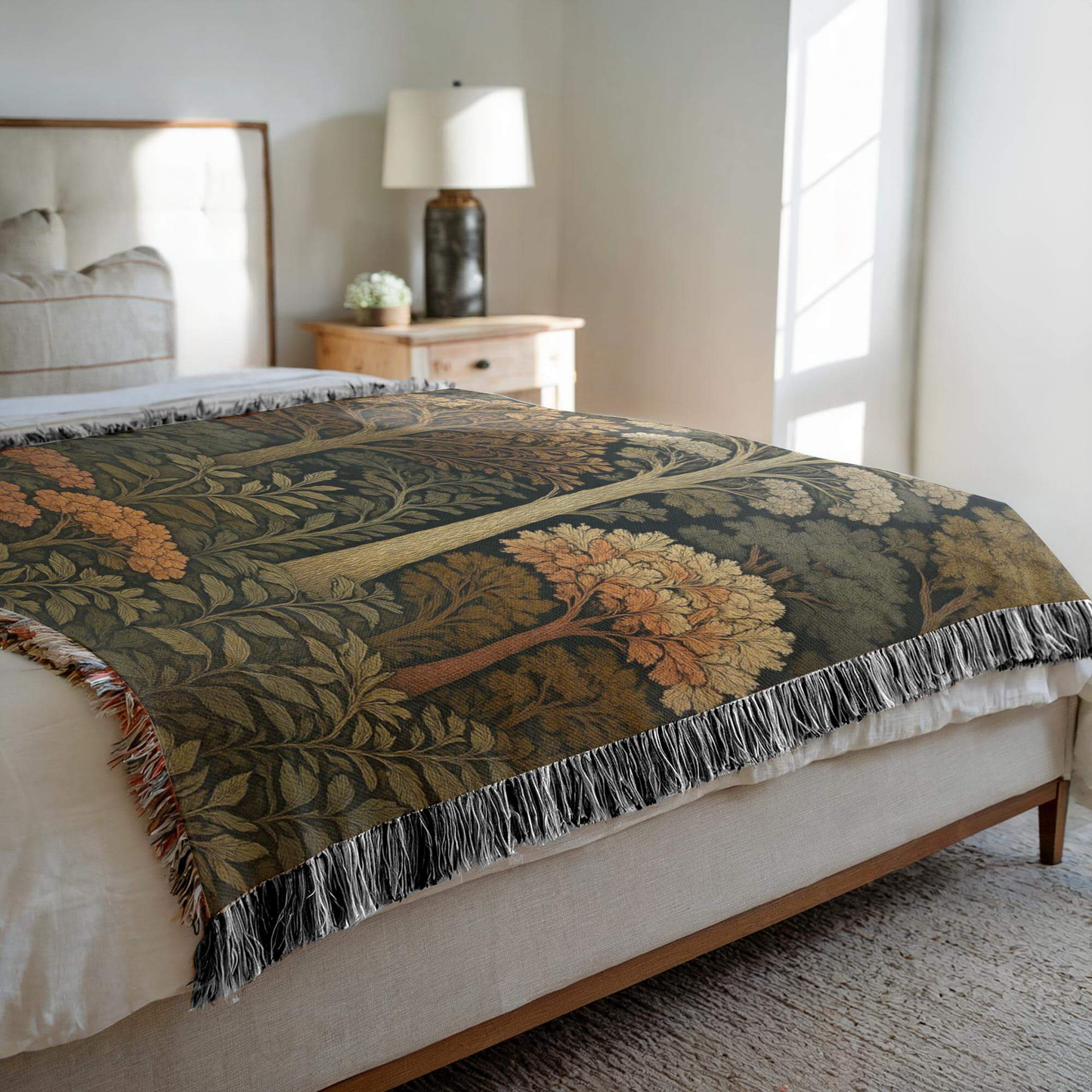 Autumn Forest Woven Blanket with Fringes on a bed, showcasing intricate woven details and warm autumn colors.