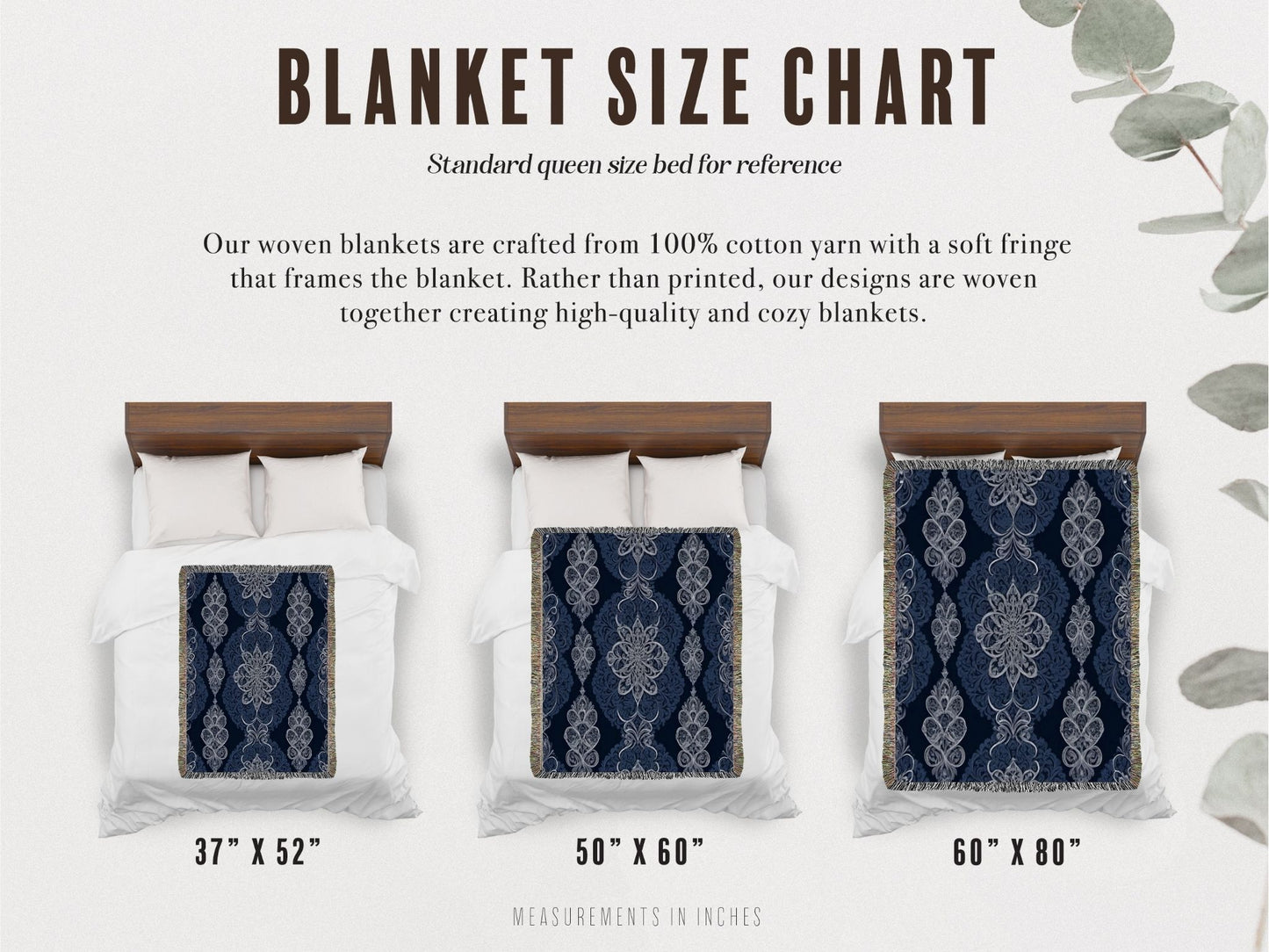 Blanket size chart with three blankets displayed on a bed, showing different sizes.
