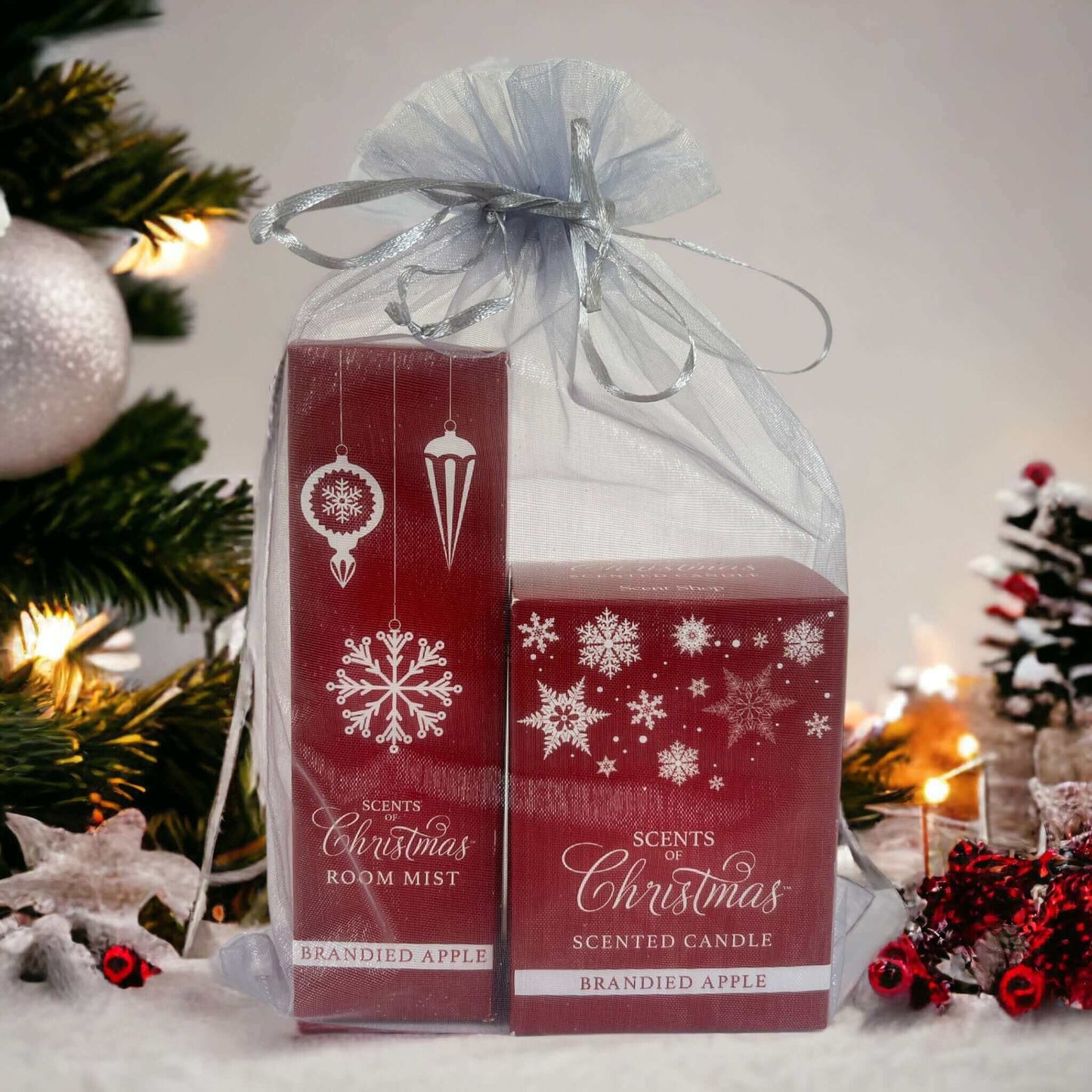 Scented Holiday Soy Candle and Room Spray gift set in organza bag