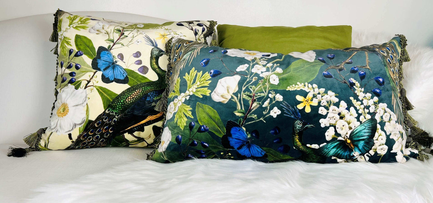 Beige Peacock Velvet Lumbar Pillow Cover with Satin Lining with a navy blue velvet lumbar pillow on a white sofa