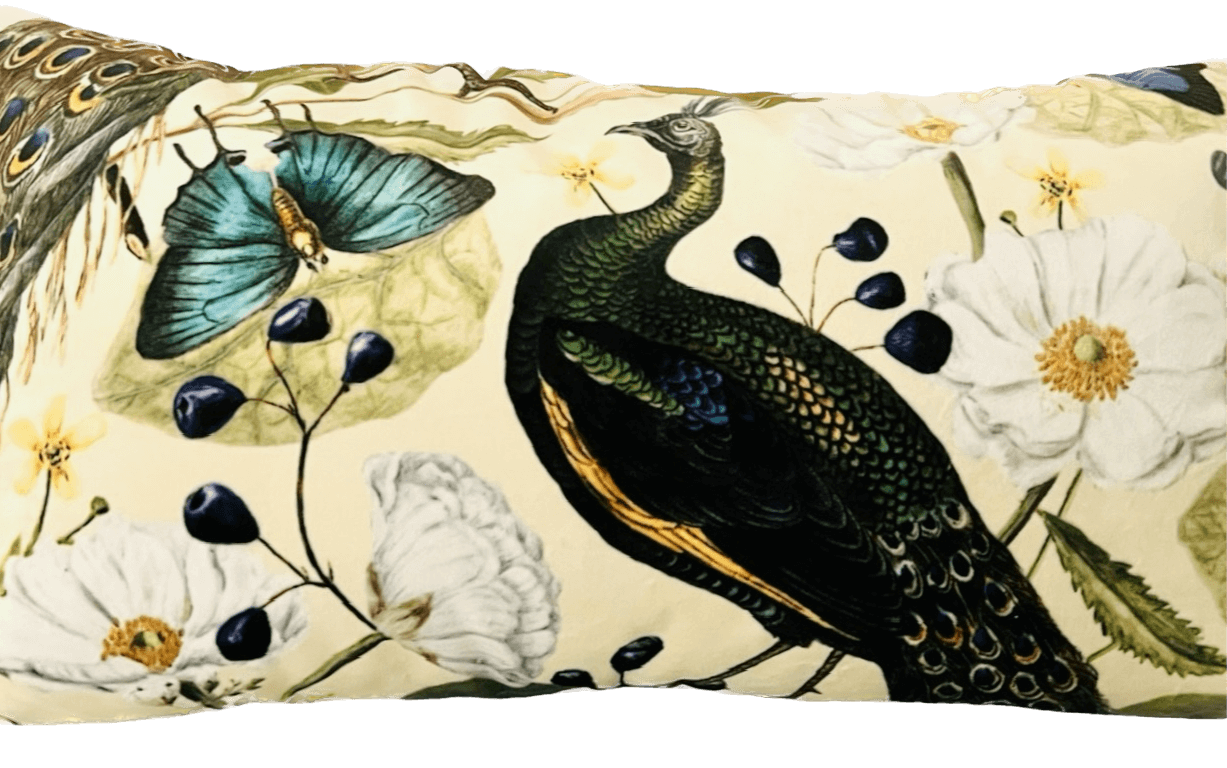 Closeup view of the Peacock Velvet Lumbar Pillow Cover with Satin Lining against a white background
