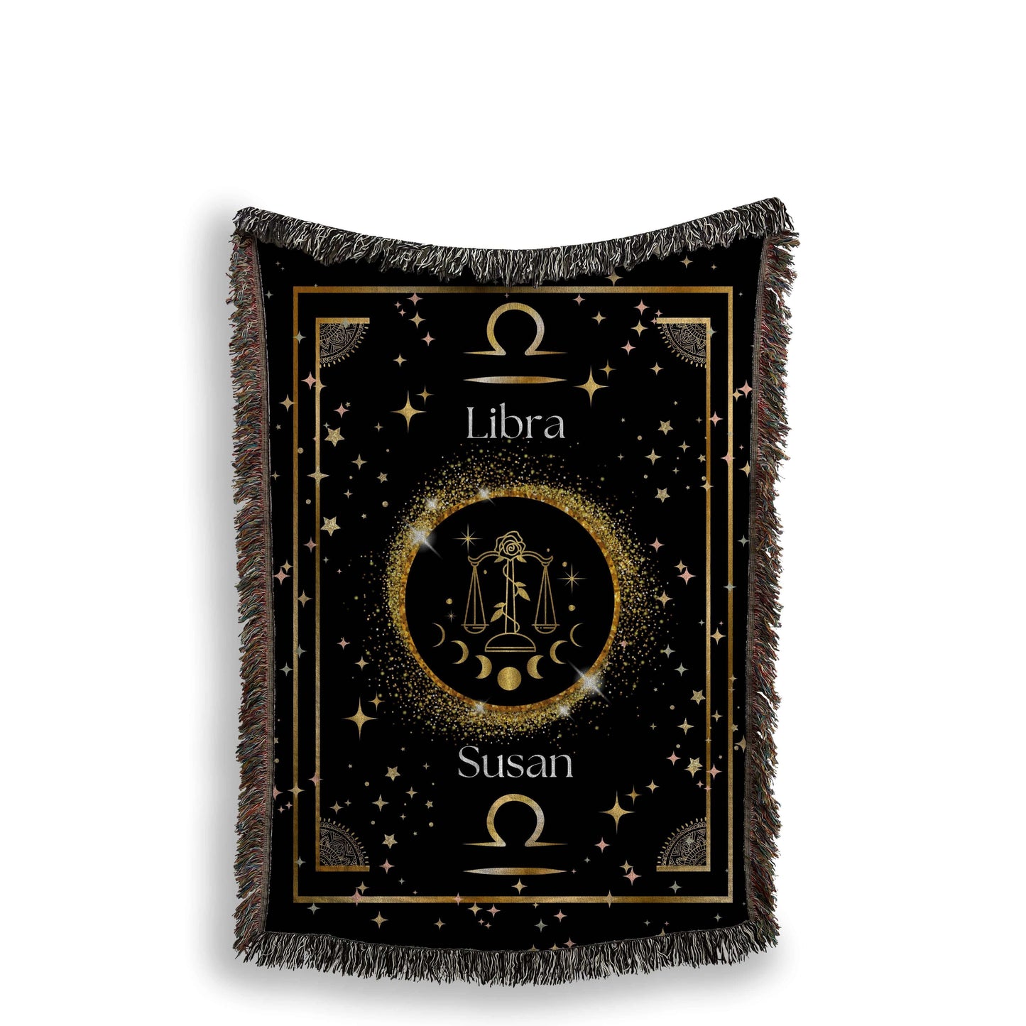 Gold and black Libra zodiac blanket, made of woven fabric.