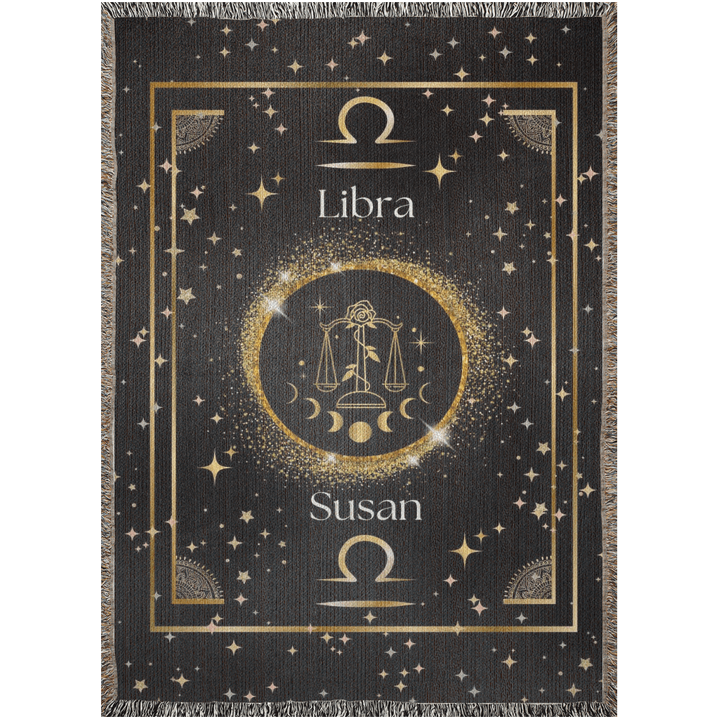 Gold and black Libra zodiac blanket, made of woven fabric.