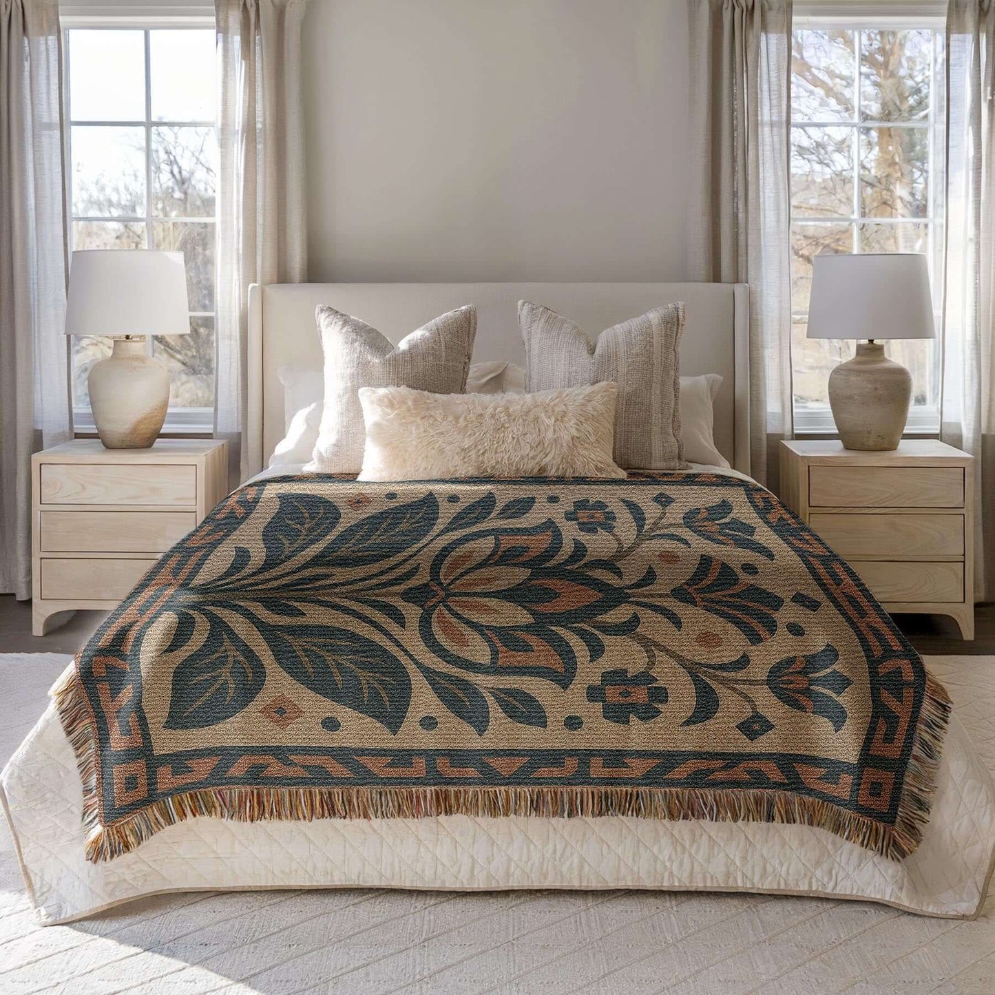 Art Deco Luxury Floral Blanket Tapestry Beige Aesthetic