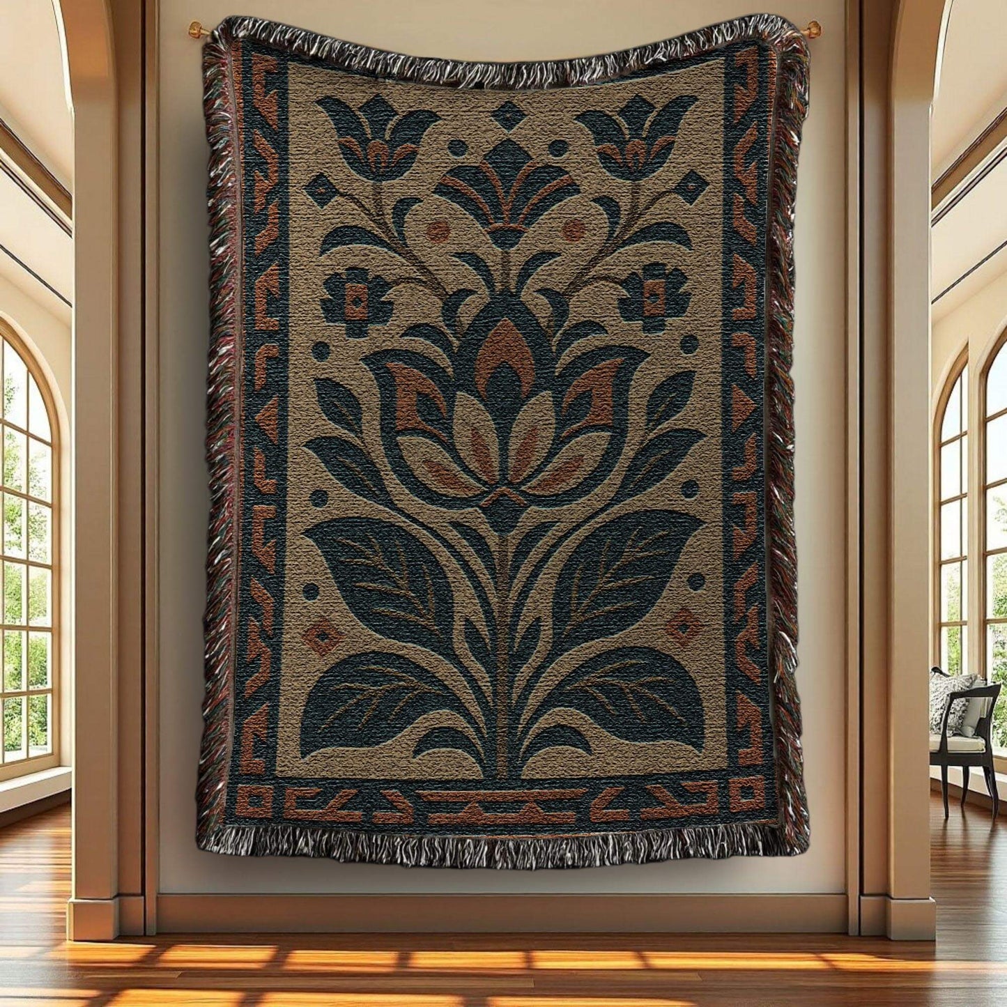 Art Deco Luxury Floral Blanket Tapestry Beige Aesthetic
