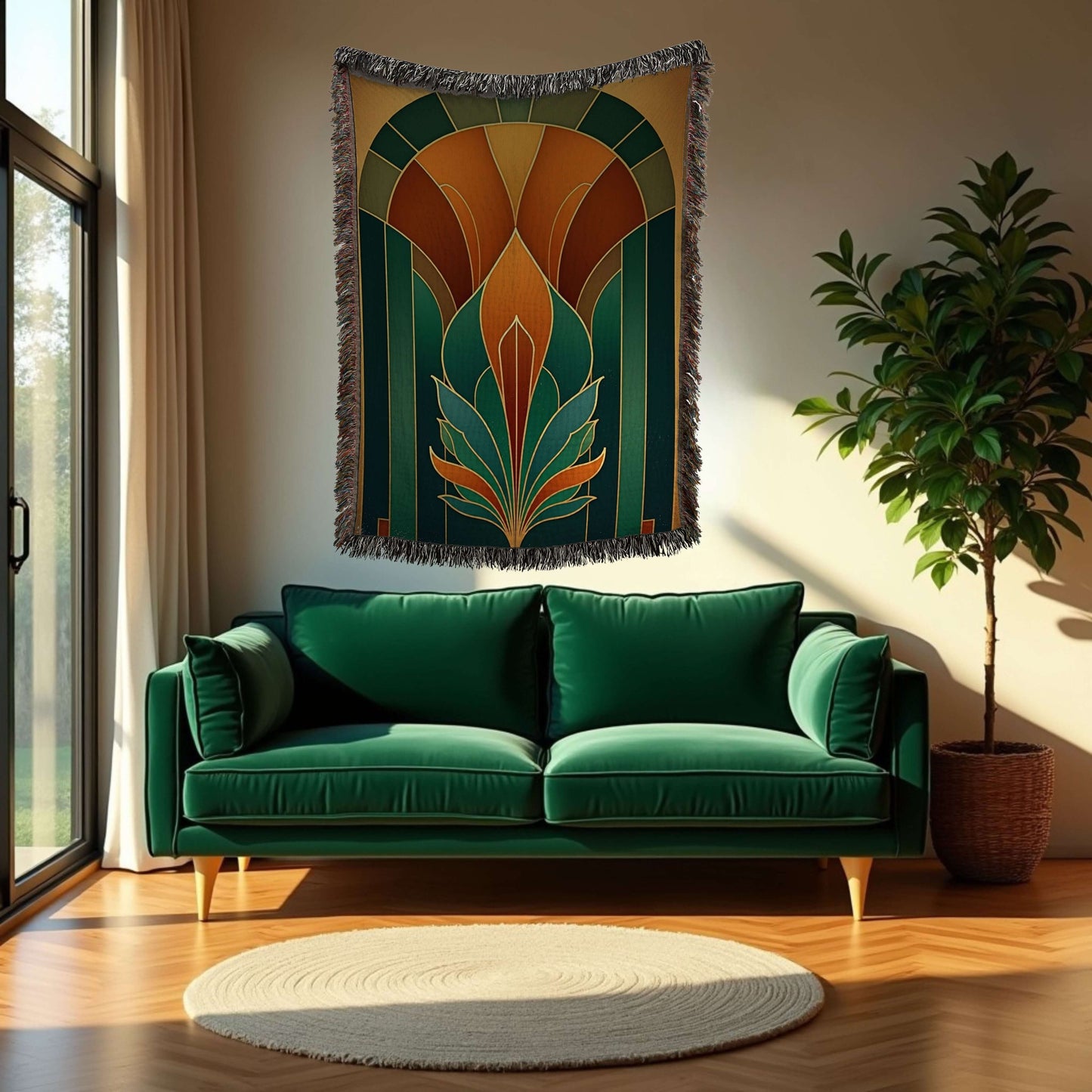 Teal and Bronze Art Deco Design Woven Blanket Tapestry