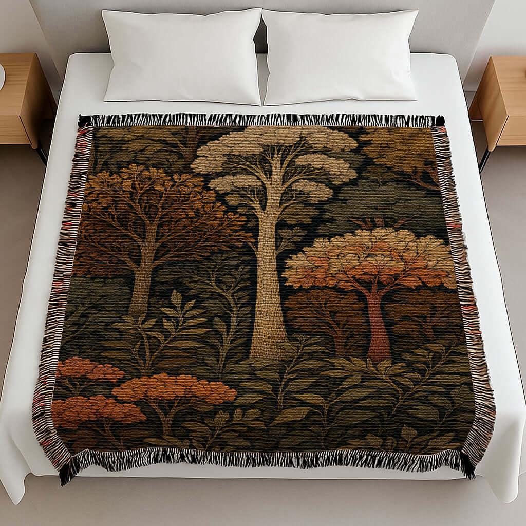 Autumn Forest Woven Blanket with Fringes displayed on a bed with intricate forest design and warm autumn colors.