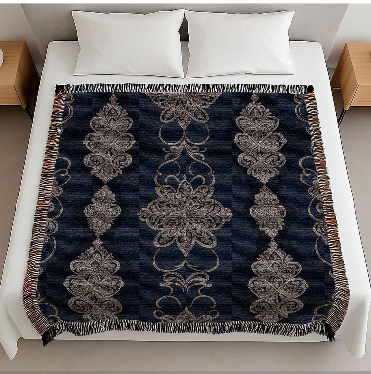Navy White Damask Print Pillow with Insert
