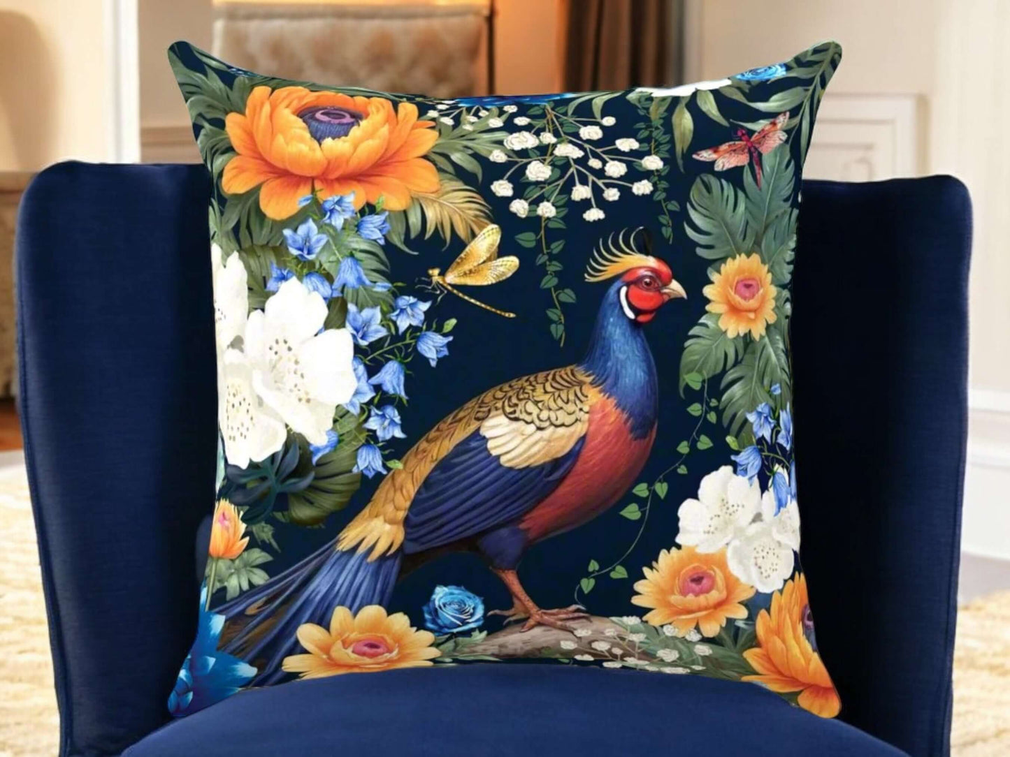 Golden Pheasant Faux Suede Pillow Cover with Insert on a blue velvet chair.