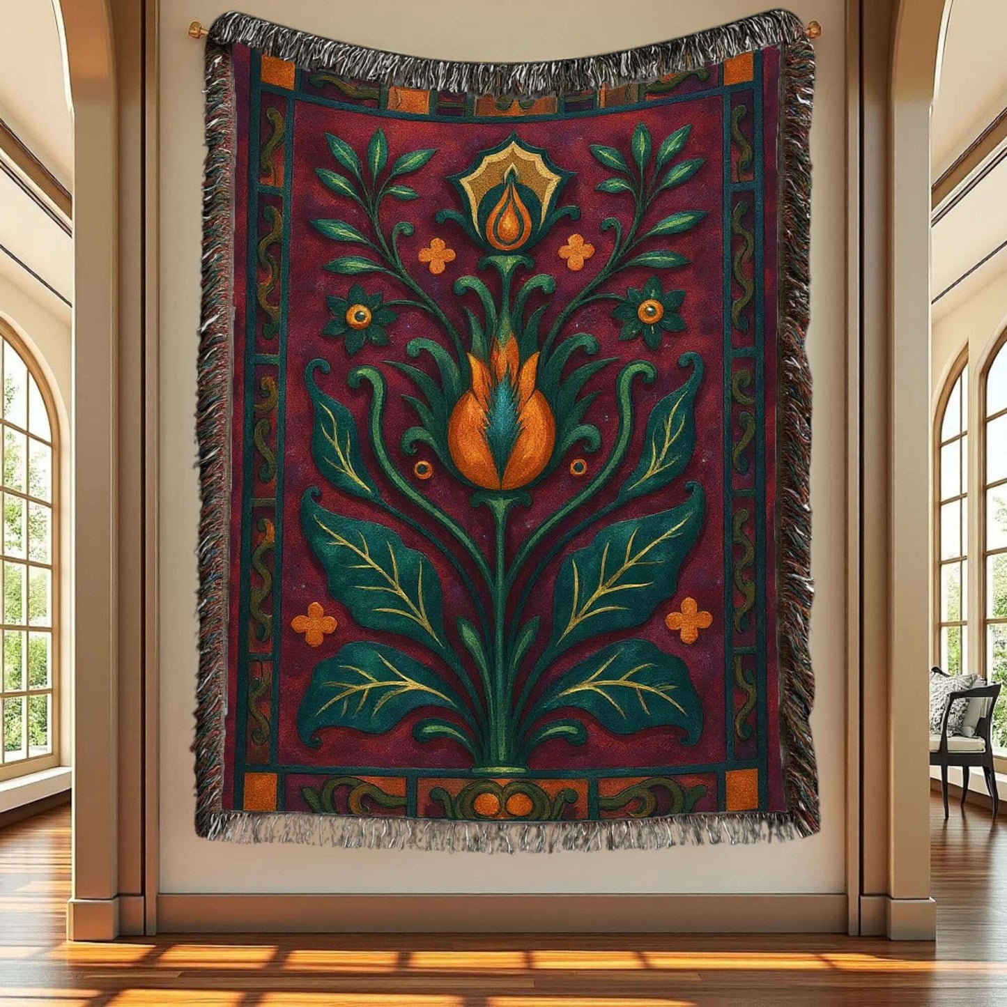 Plum and Teal Floral Art Deco Inspired Woven Blanket Tapestry