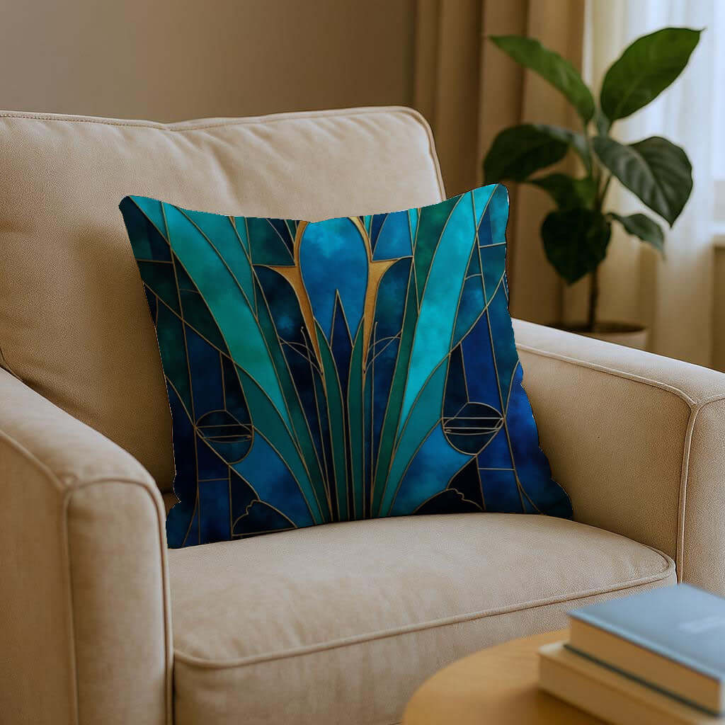 Blue And Teal Art Deco Woven Pillow on a beige armchair with a plant in the background