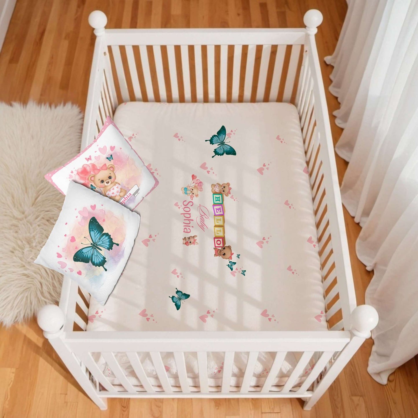 Girls Pink and White Butterfly Crib Sheet