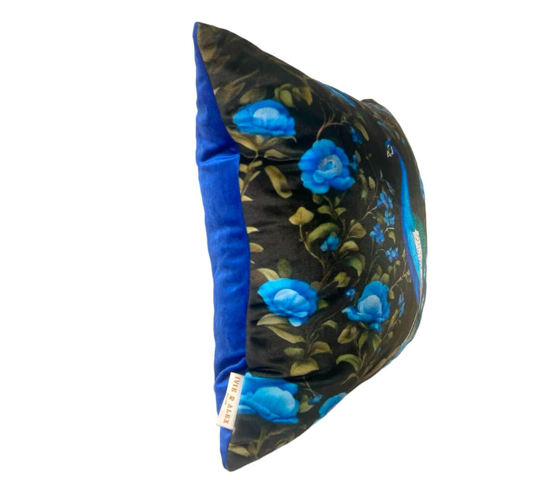 Handmade Peacock Velvet Pillow Cover in Black and Blue, Decorative Throw.