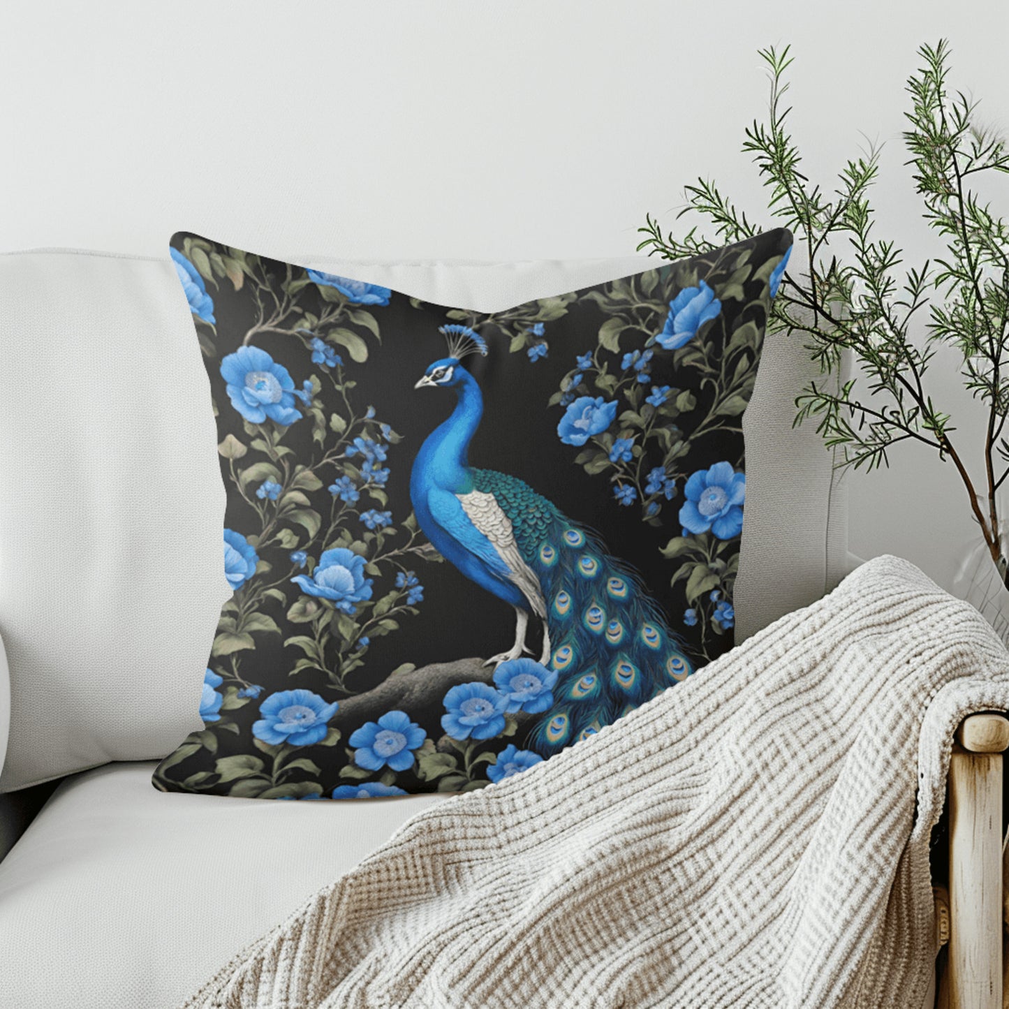 Handmade Peacock Velvet Pillow Cover in Black and Blue