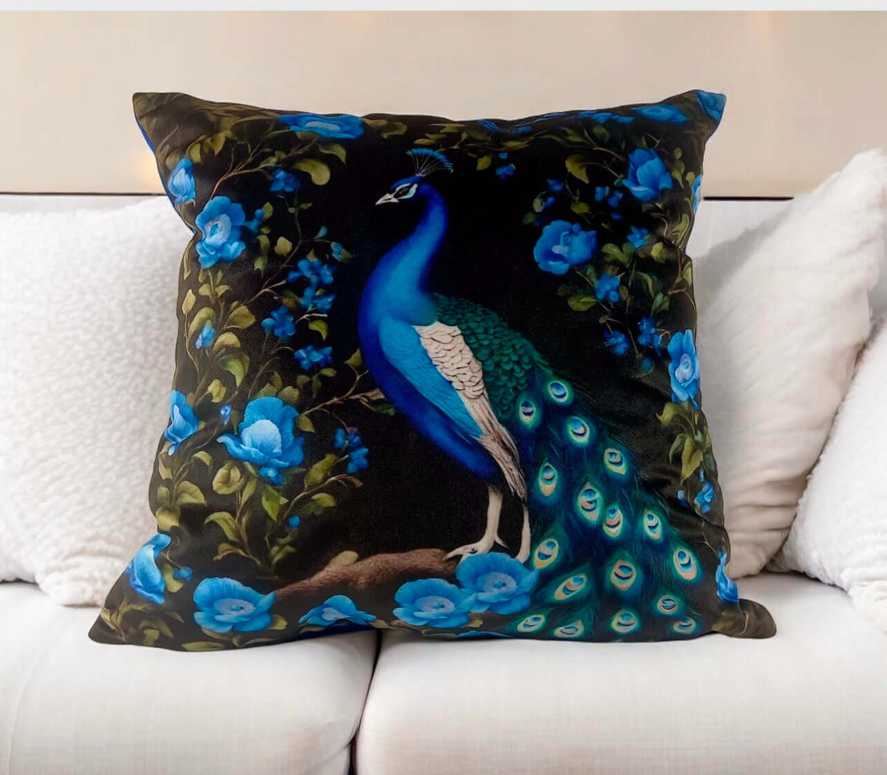 Handmade Peacock Velvet Pillow Cover in Black and Blue, Decorative Throw.