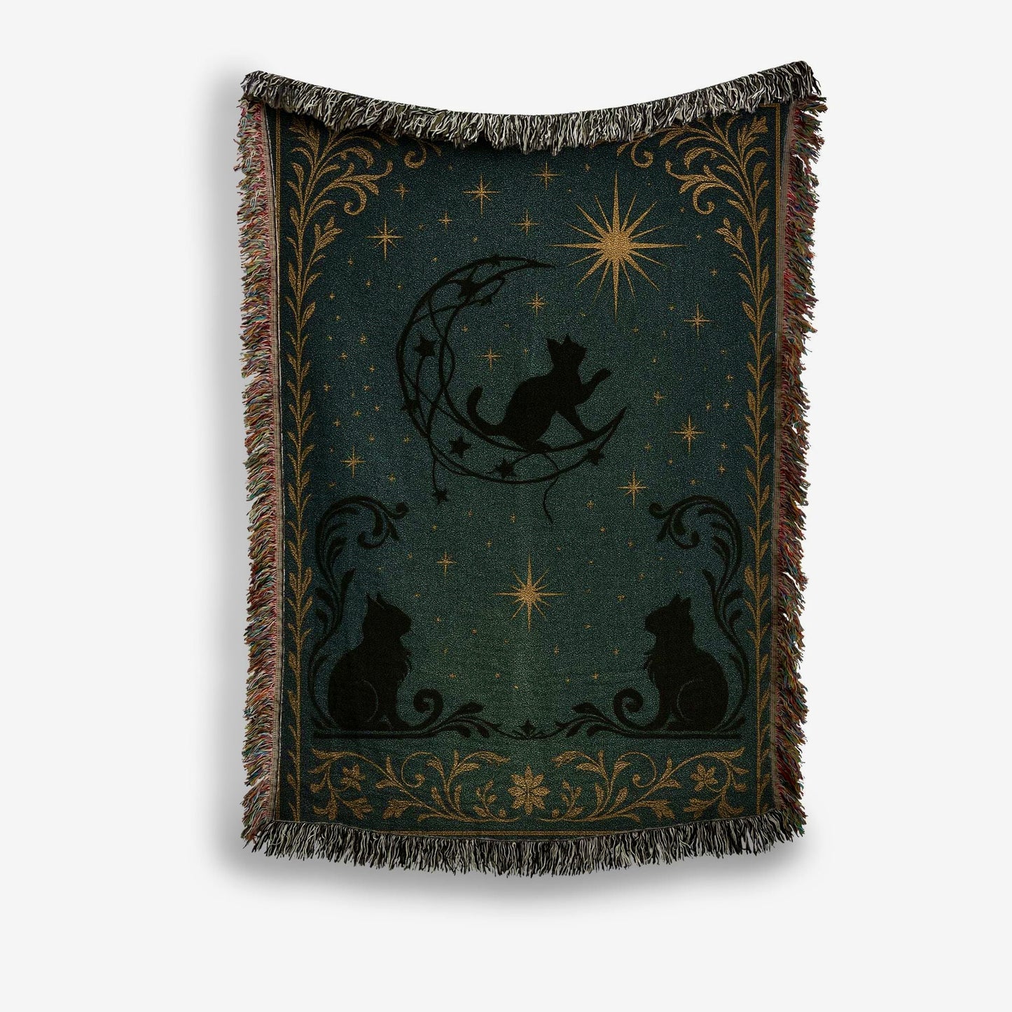 Celestial Black Cats Woven Blanket Tapestry hanging against a white background