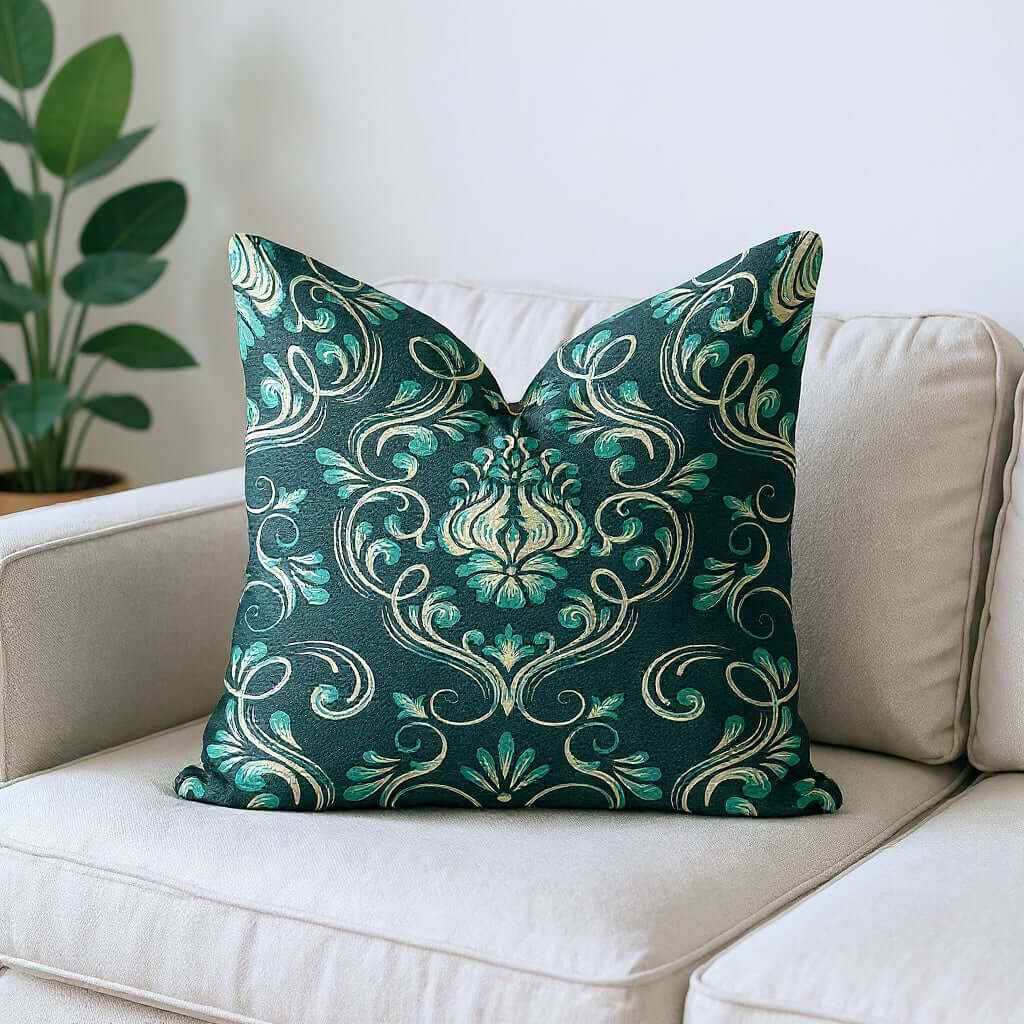 Closeup of Dark Green Floral Damask Woven Pillow on a white armchair
