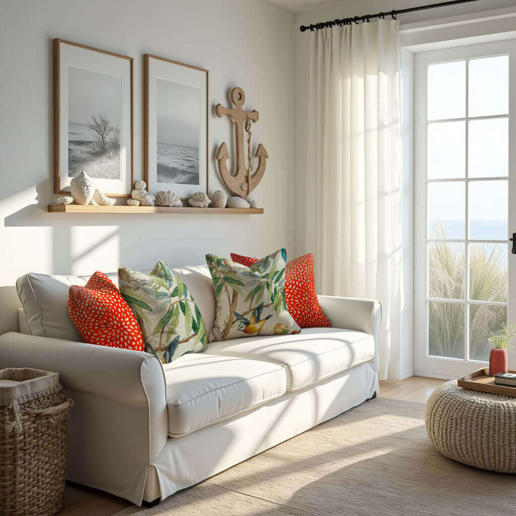 Two Sun Coral Cut Velvet Pillow Covers and two floral pillows on a white sofa.