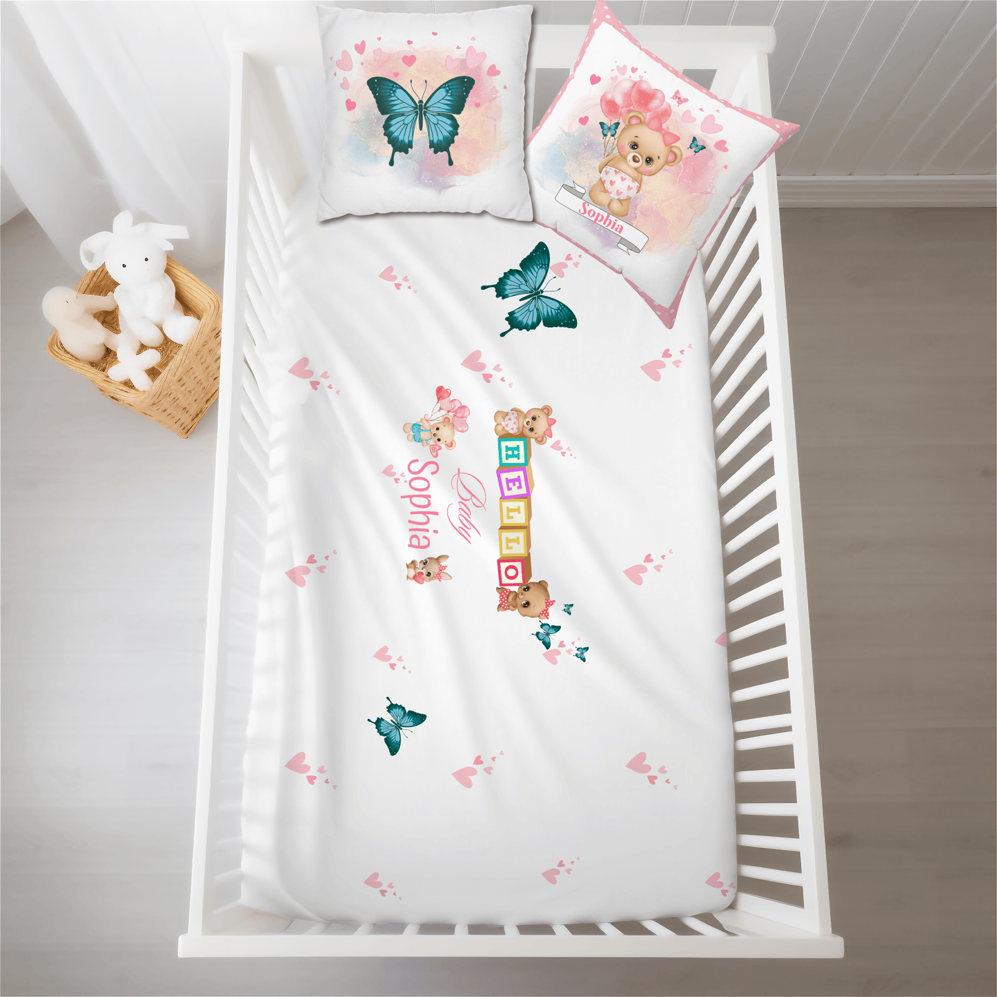 Girls Pink and White Butterfly Crib Sheet