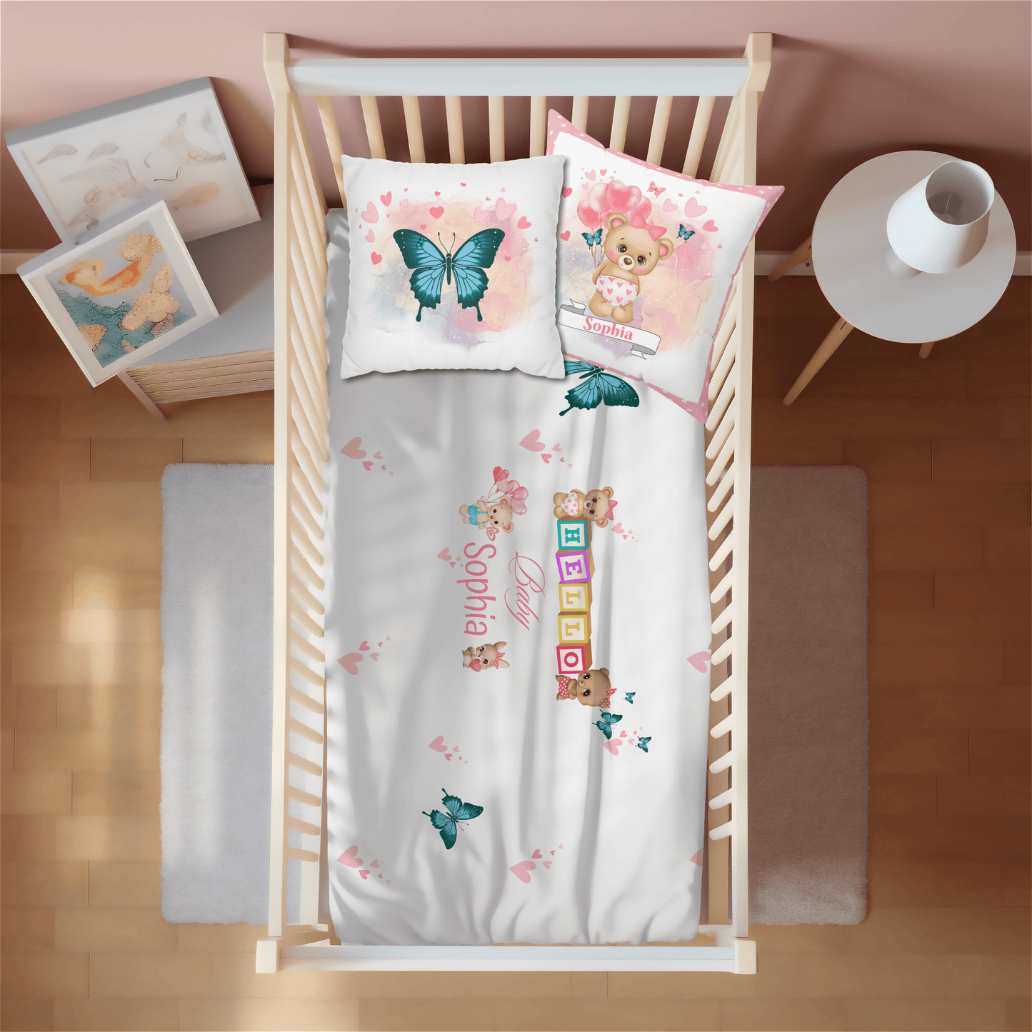 Girls Pink and White Butterfly Crib Sheet