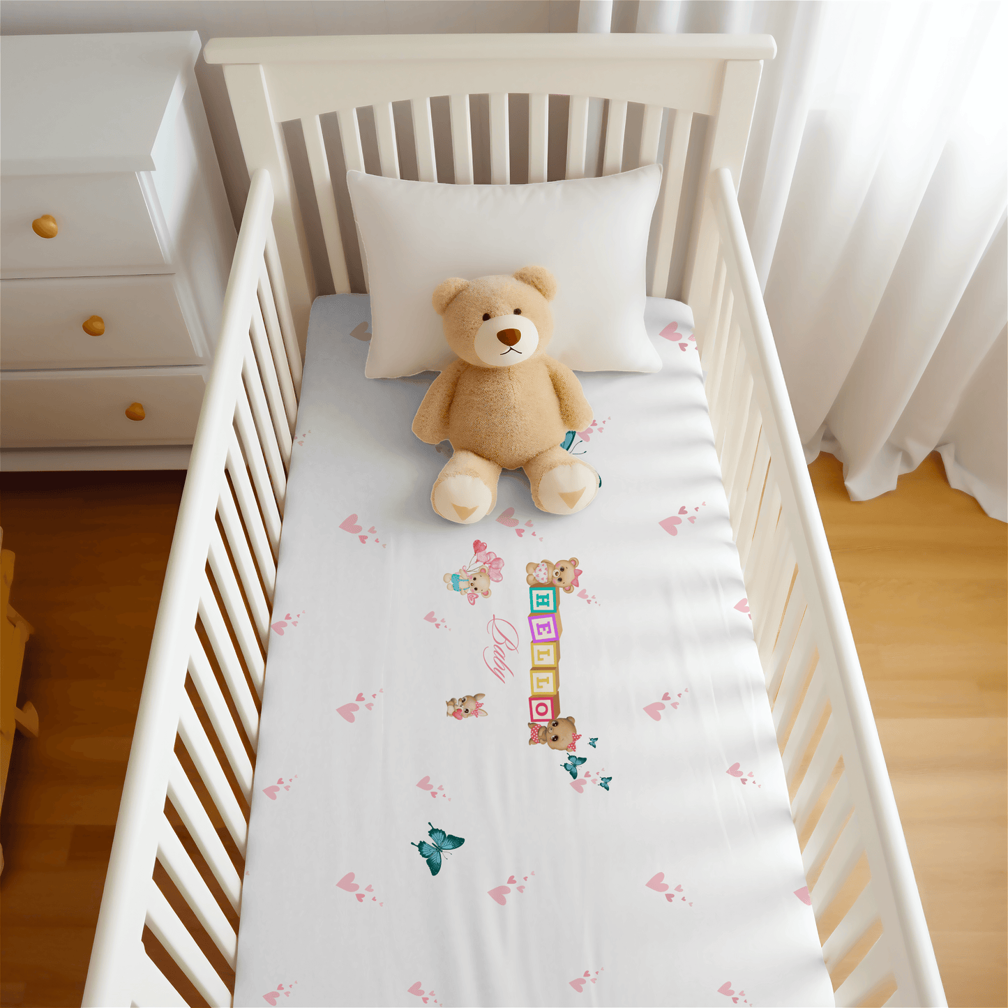 Girls Pink and White Butterfly Crib Sheet