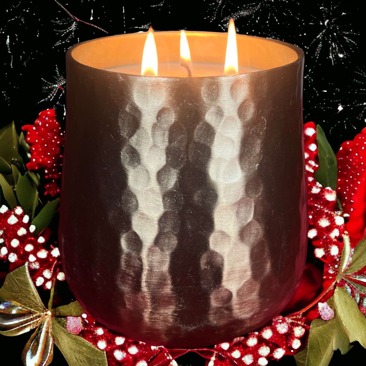 Gold Jumbo Soy Candle in Cranberry Chutney on a table with ribbons