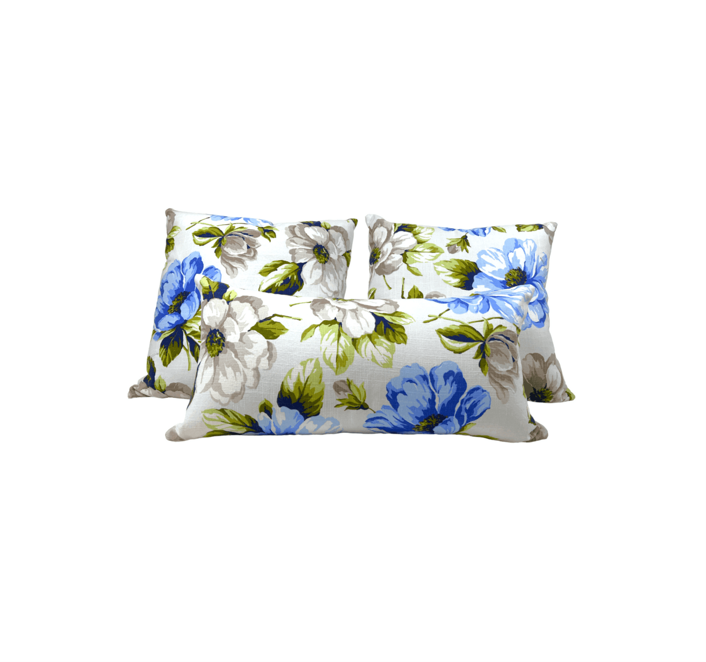 Two of the square Floral Camellia Print Cotton Pillow Cover with a lumbar pillow