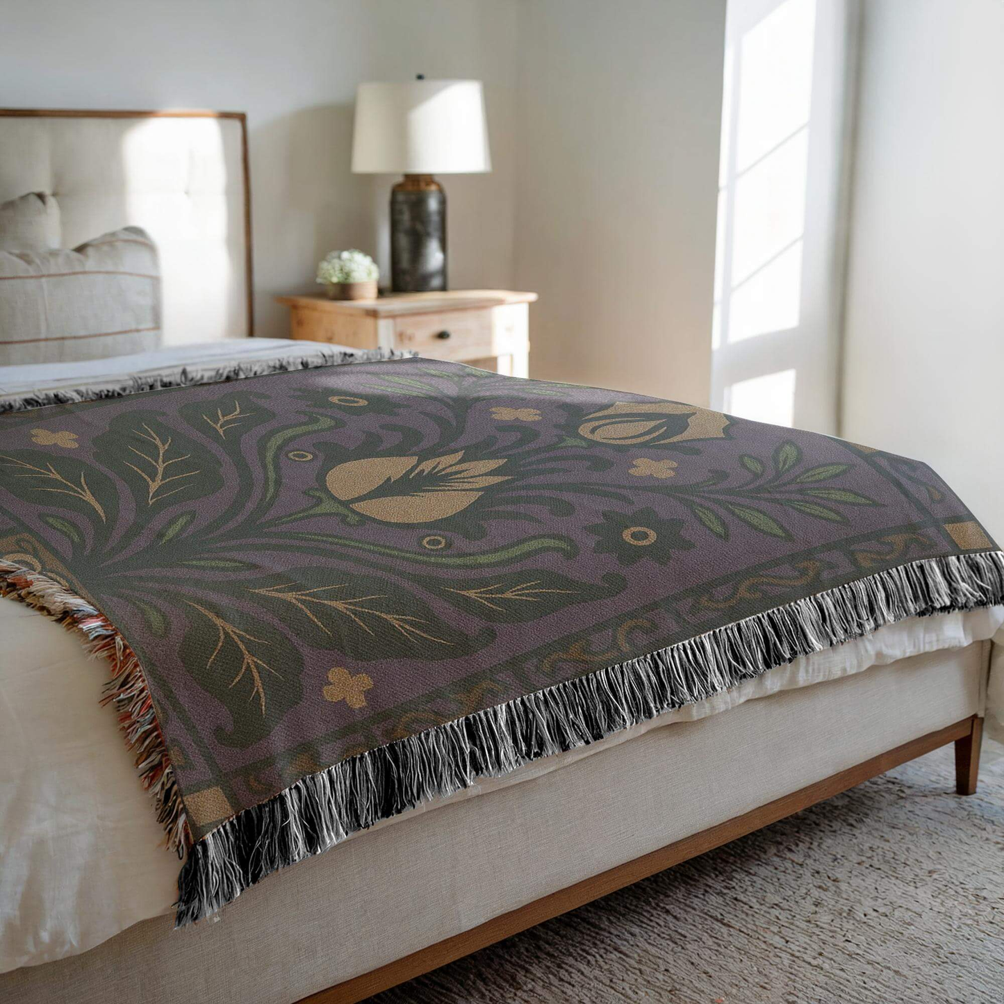 Purple Floral Art Deco Inspired Woven Blanket Tapestry