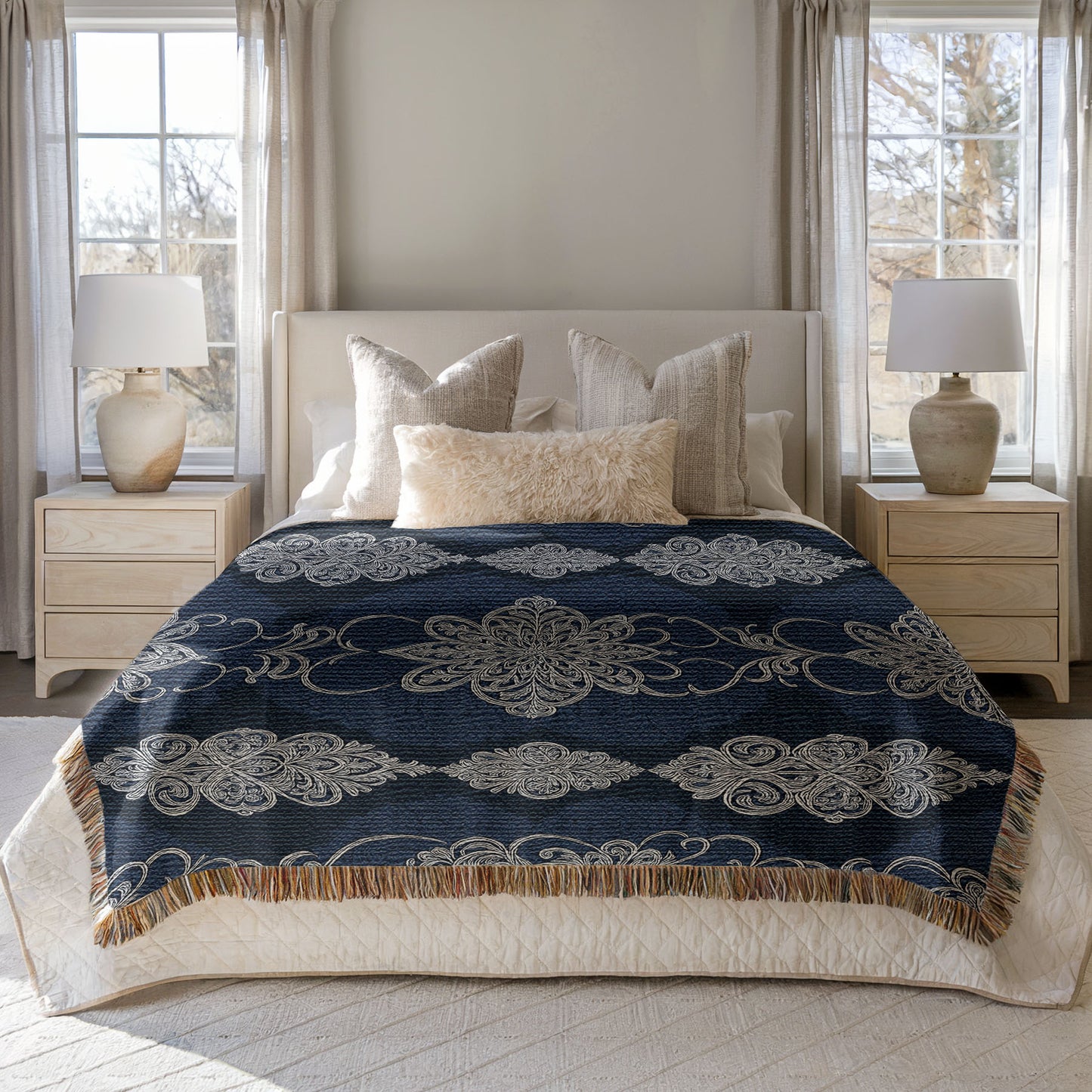 Bedroom with a bed featuring a decorative navy blanket and pillows.