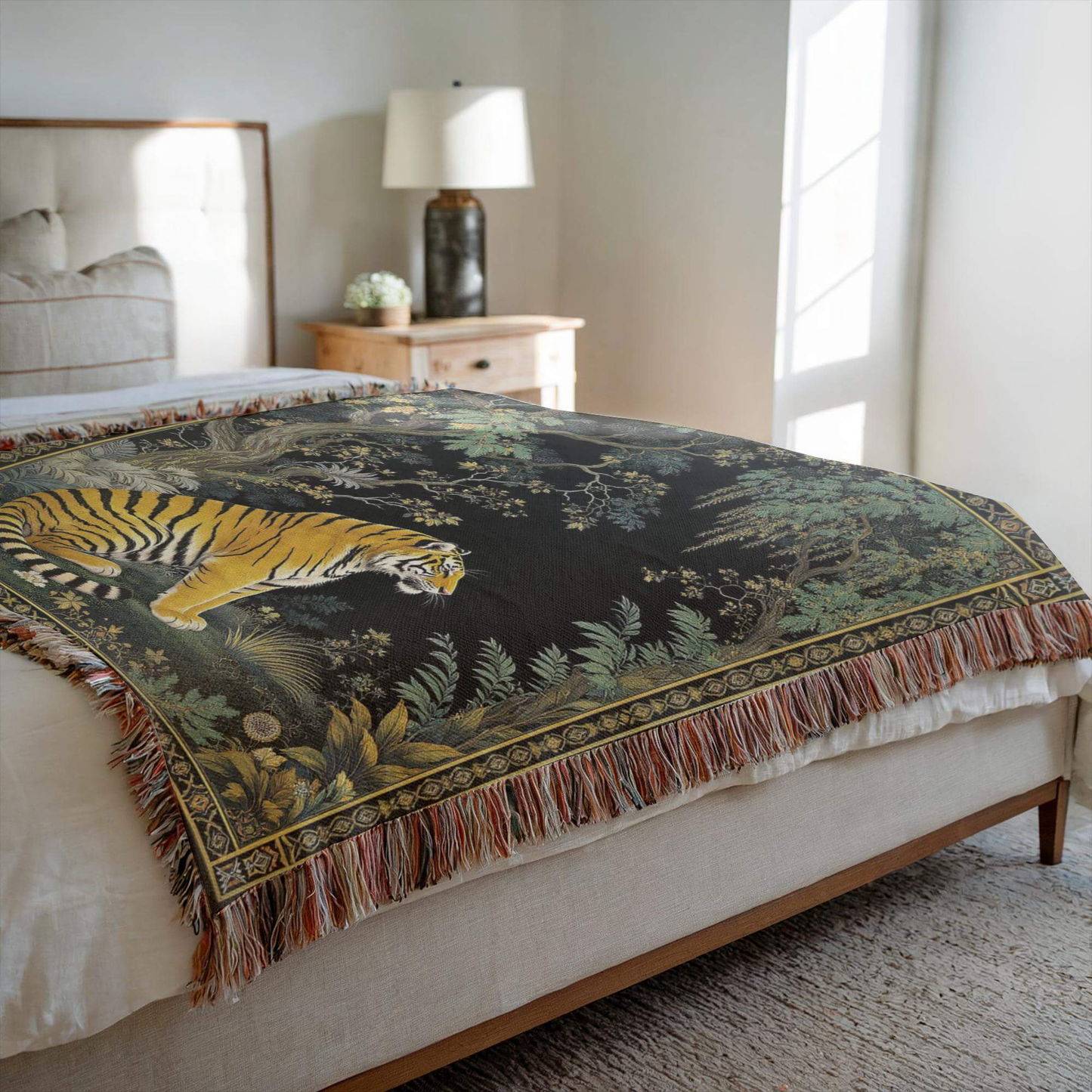Side view of the Exotic Tiger Woven Throw Blanket draped on a bed